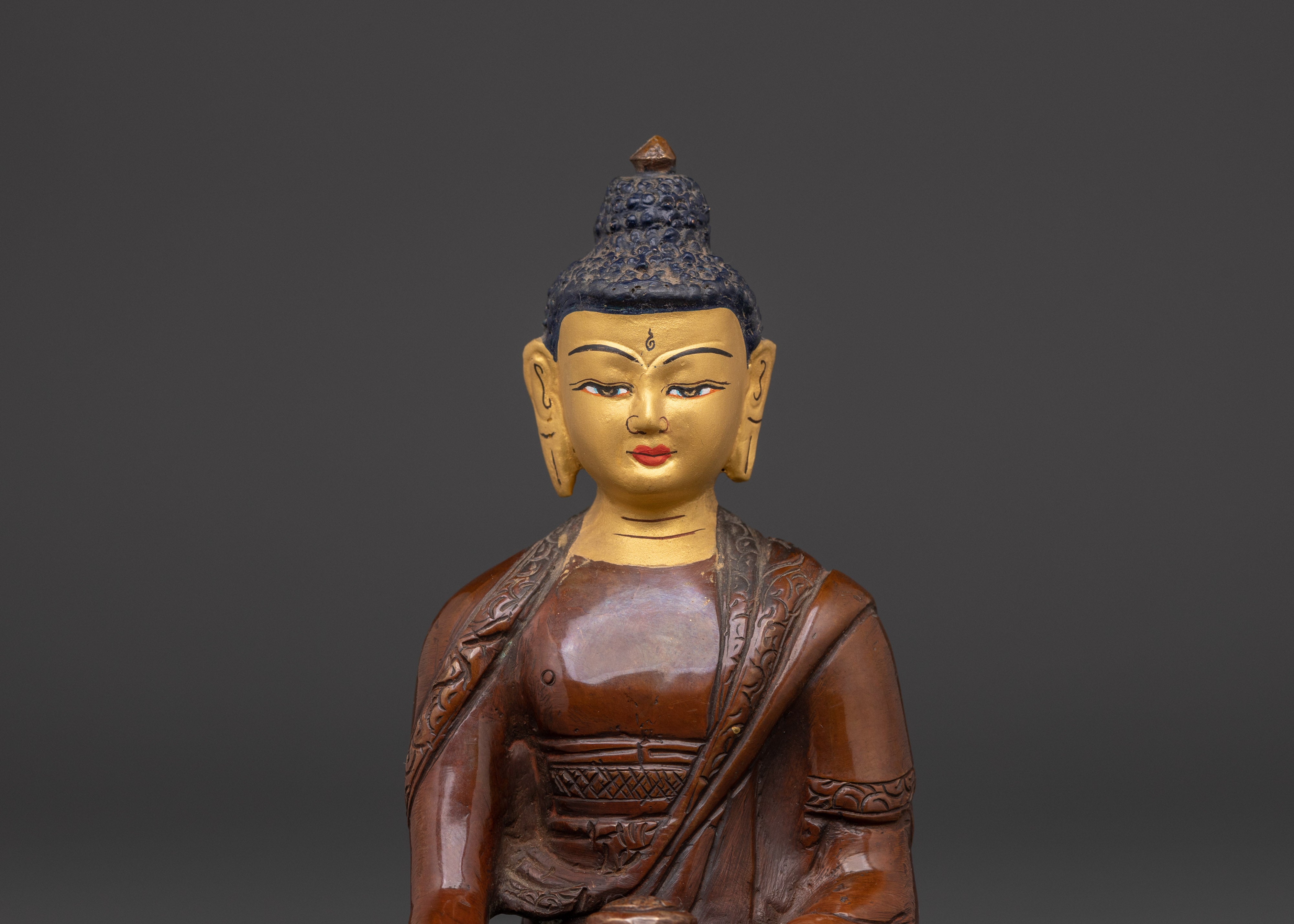 Himalayan Buddha Shakyamuni Statue | Oxidized Copper & Gold Face Painting