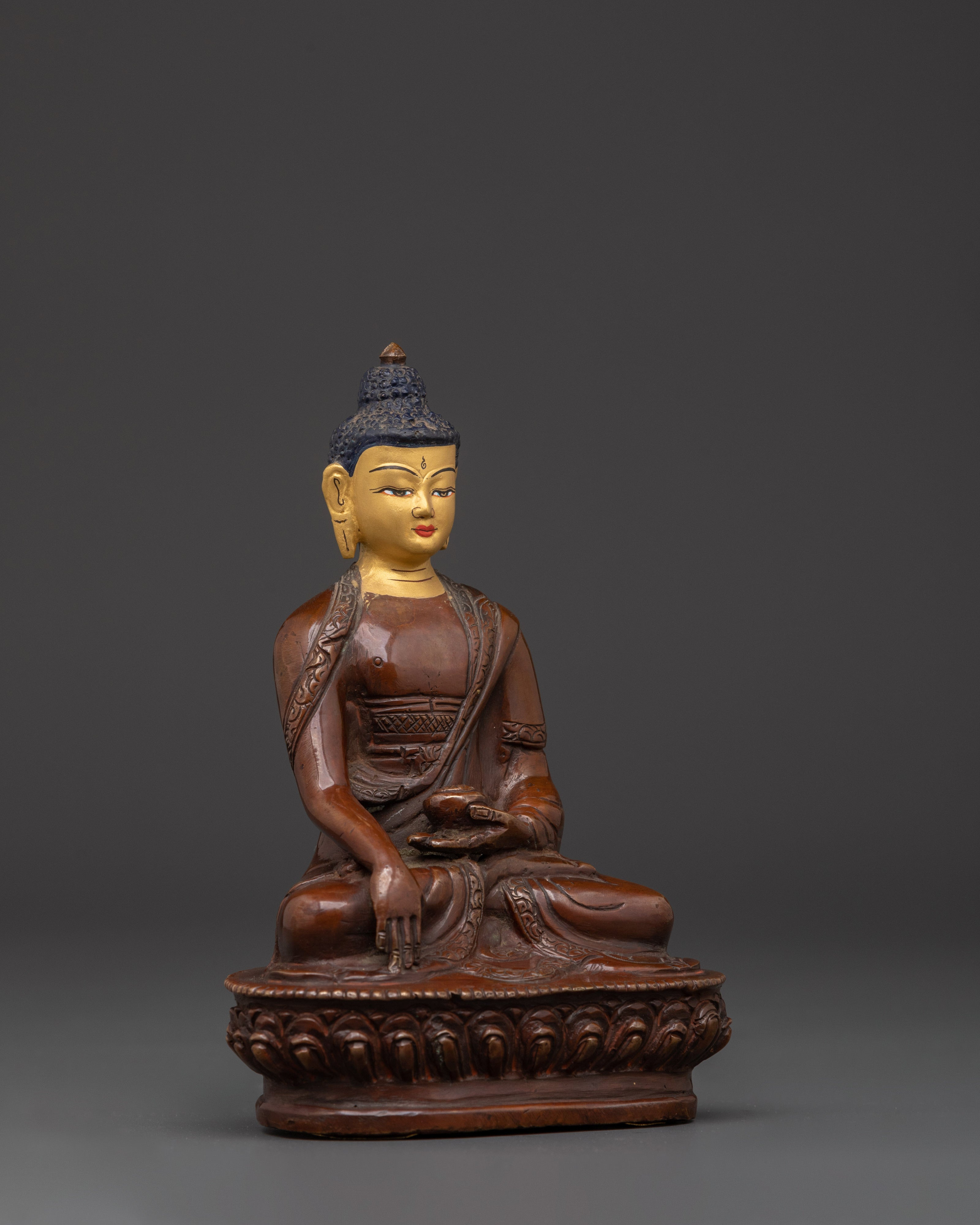 Himalayan Buddha Shakyamuni Statue | Oxidized Copper & Gold Face Painting