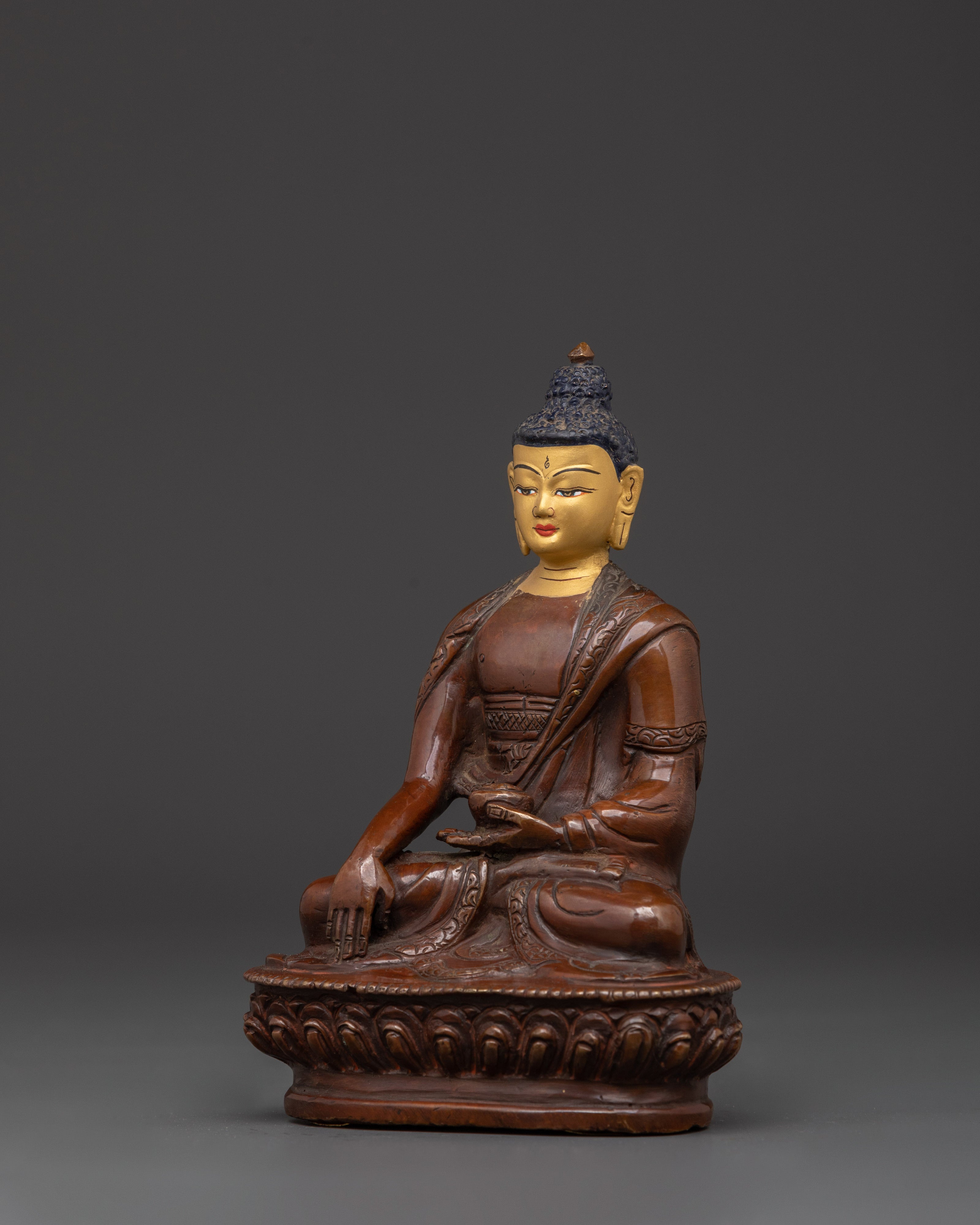 Himalayan Buddha Shakyamuni Statue | Oxidized Copper & Gold Face Painting