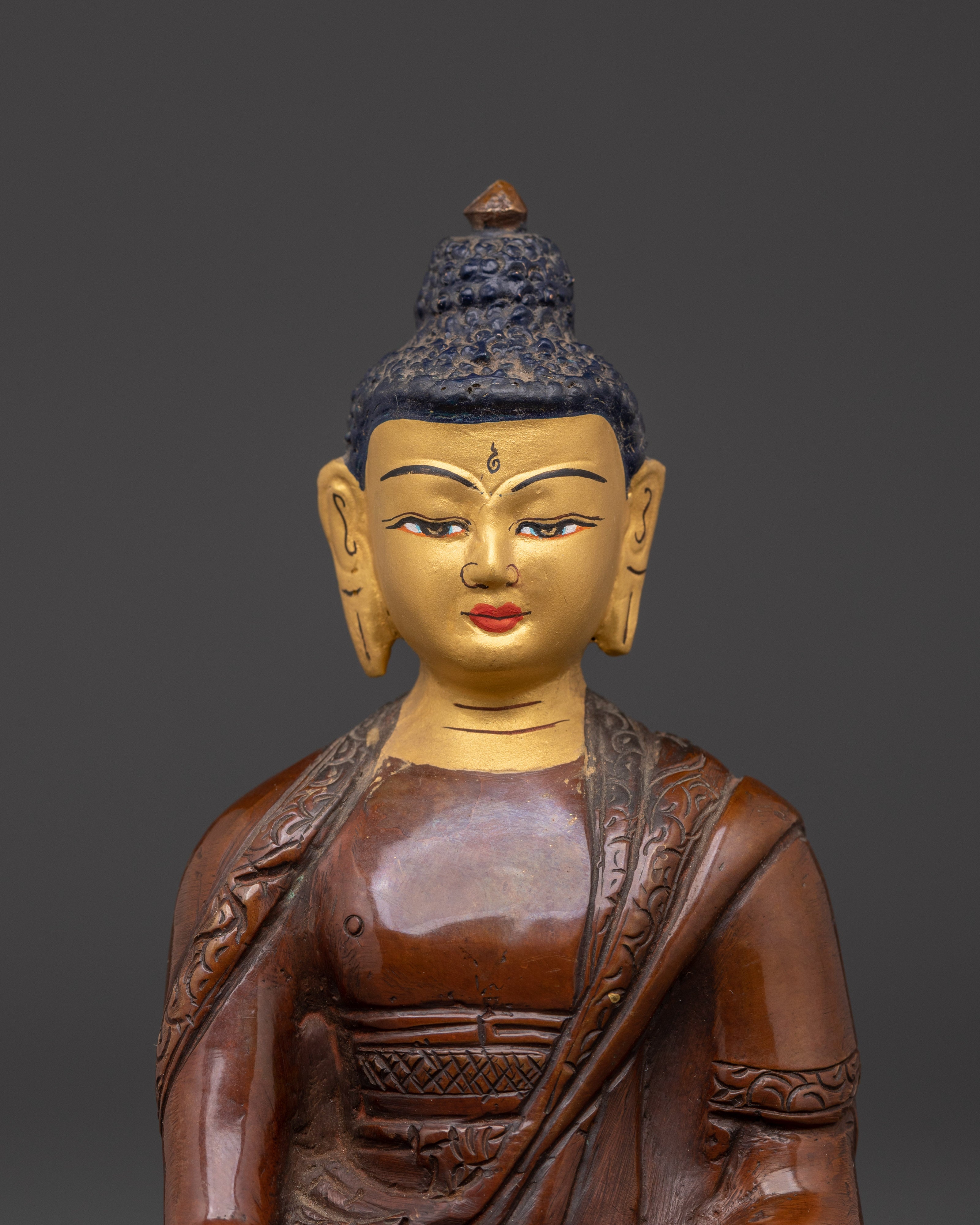 Himalayan Buddha Shakyamuni Statue | Oxidized Copper & Gold Face Painting