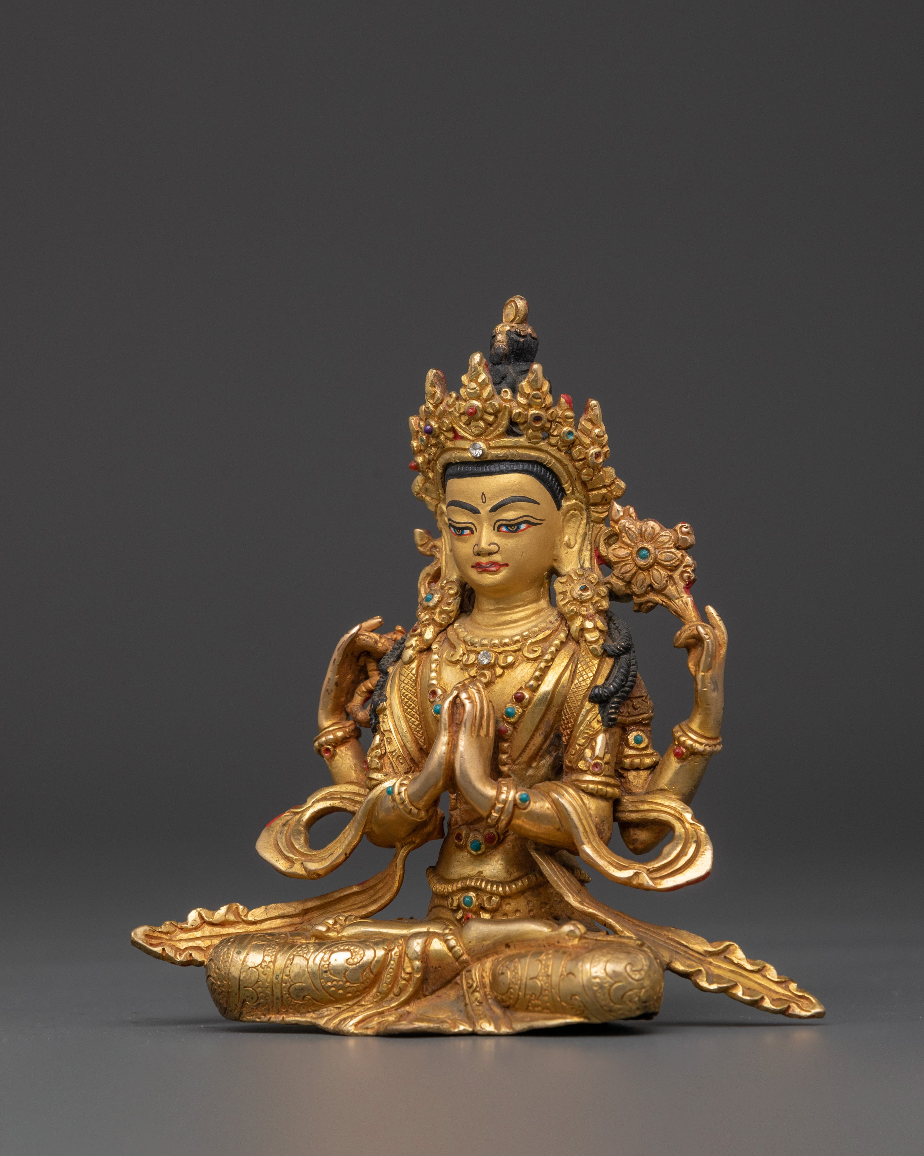 Tibetan Chenrezig Deity Statue | Handcrafted Golden Buddha of Compassion