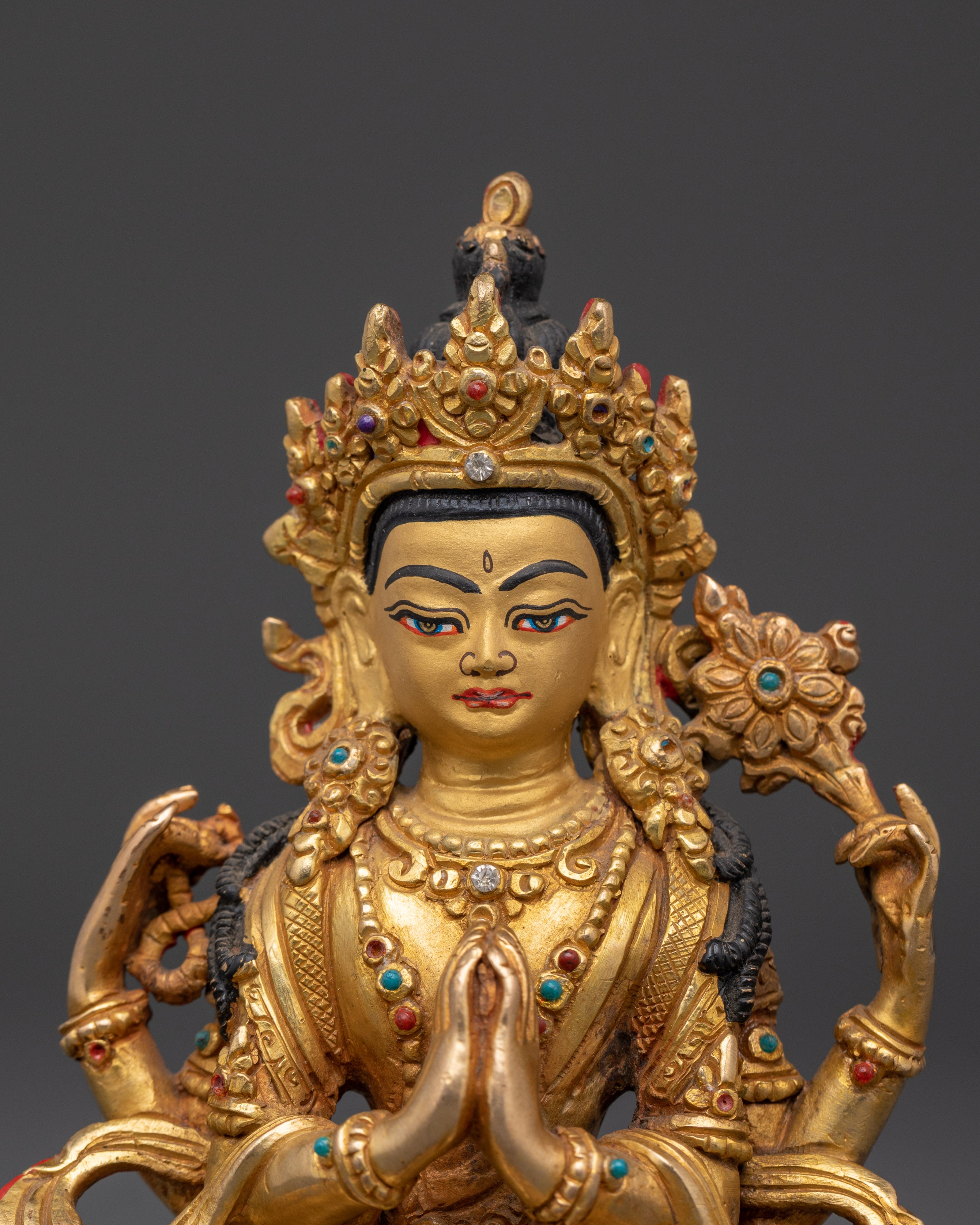 Tibetan Chenrezig Deity Statue | Handcrafted Golden Buddha of Compassion