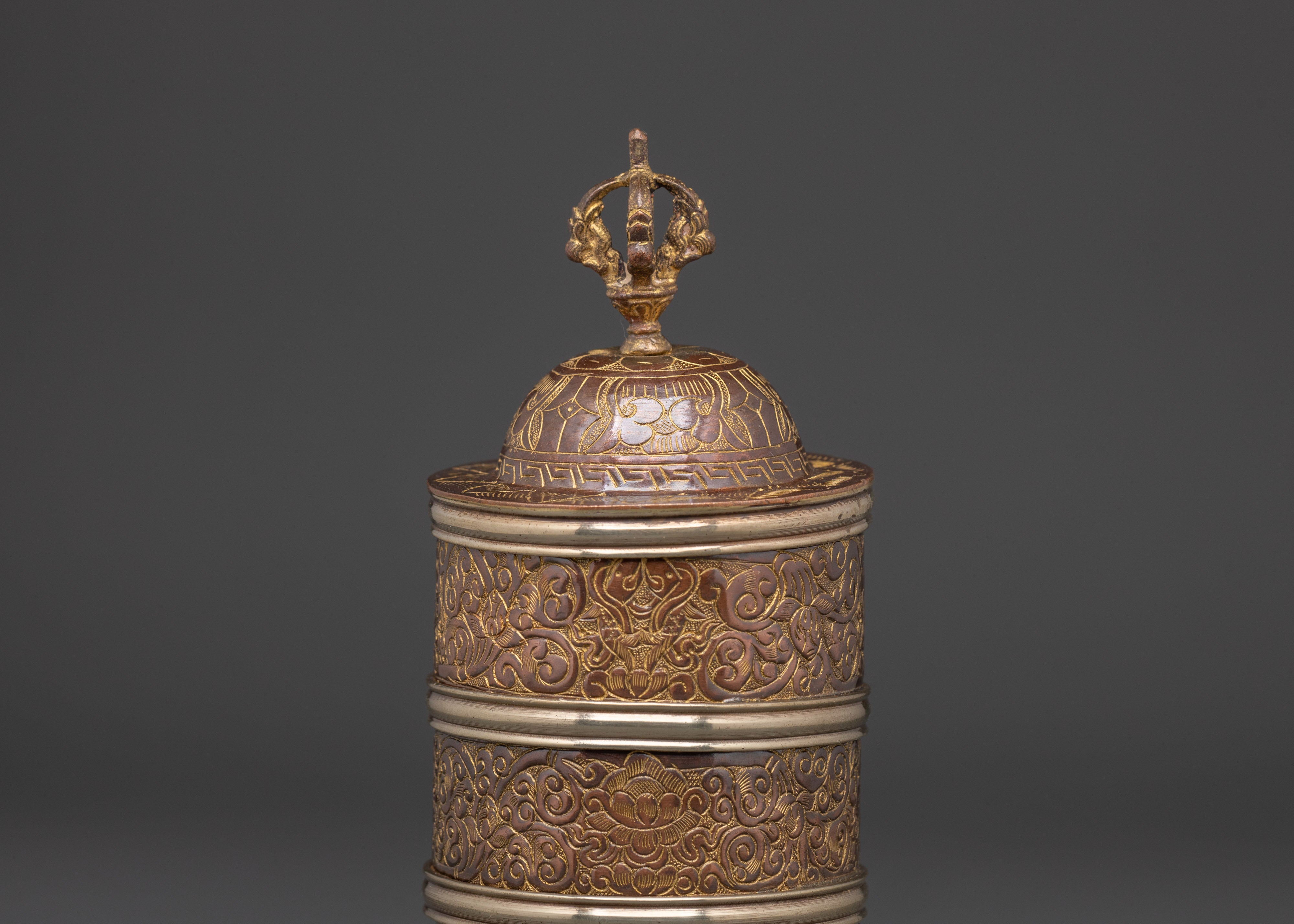 Handmade Buddhist Rice Pot | Copper Body and Brass Offering Vessel