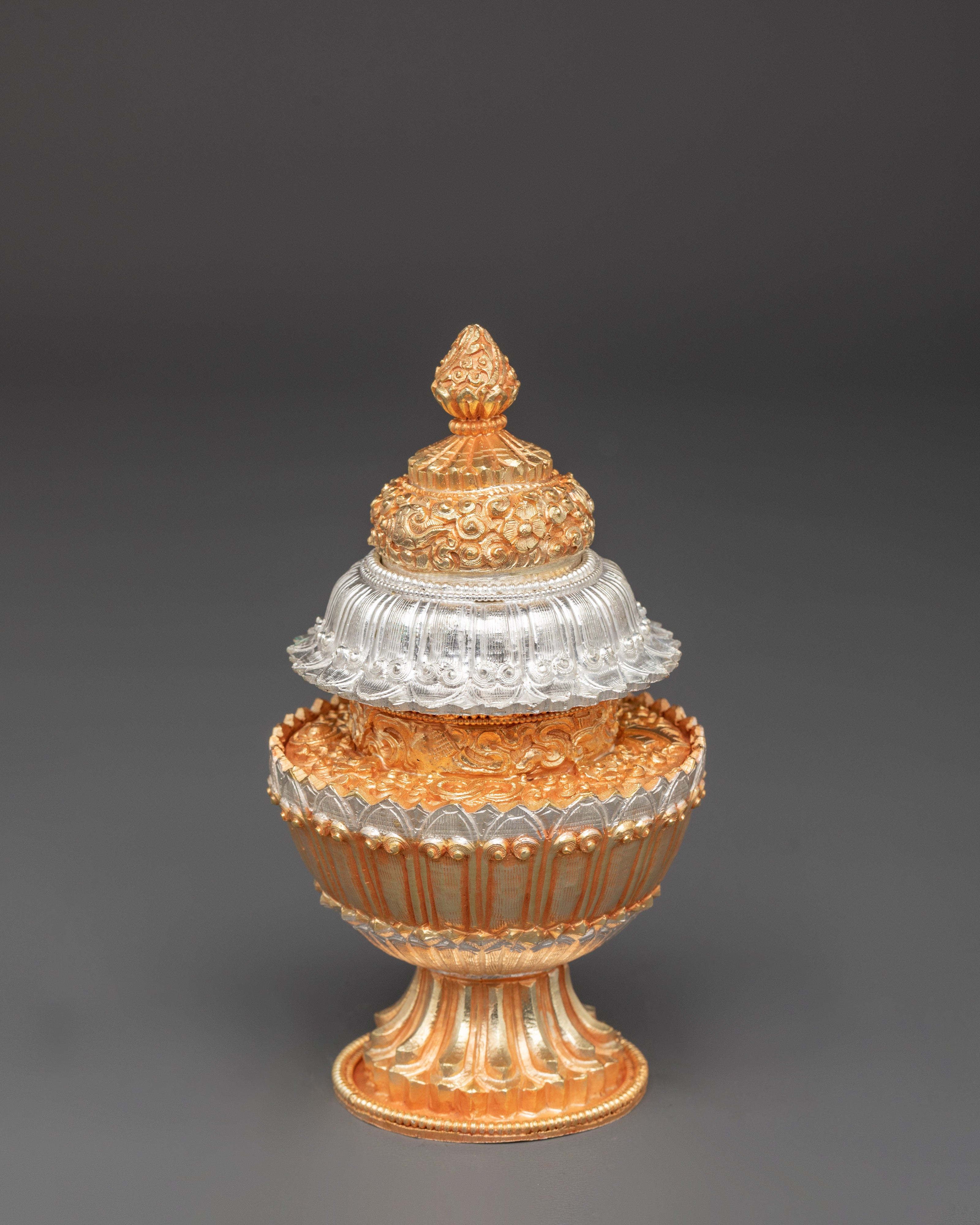 Spiritual Tibetan Rice Jar | Handcrafted Copper with Electro Gold & Silver Plating