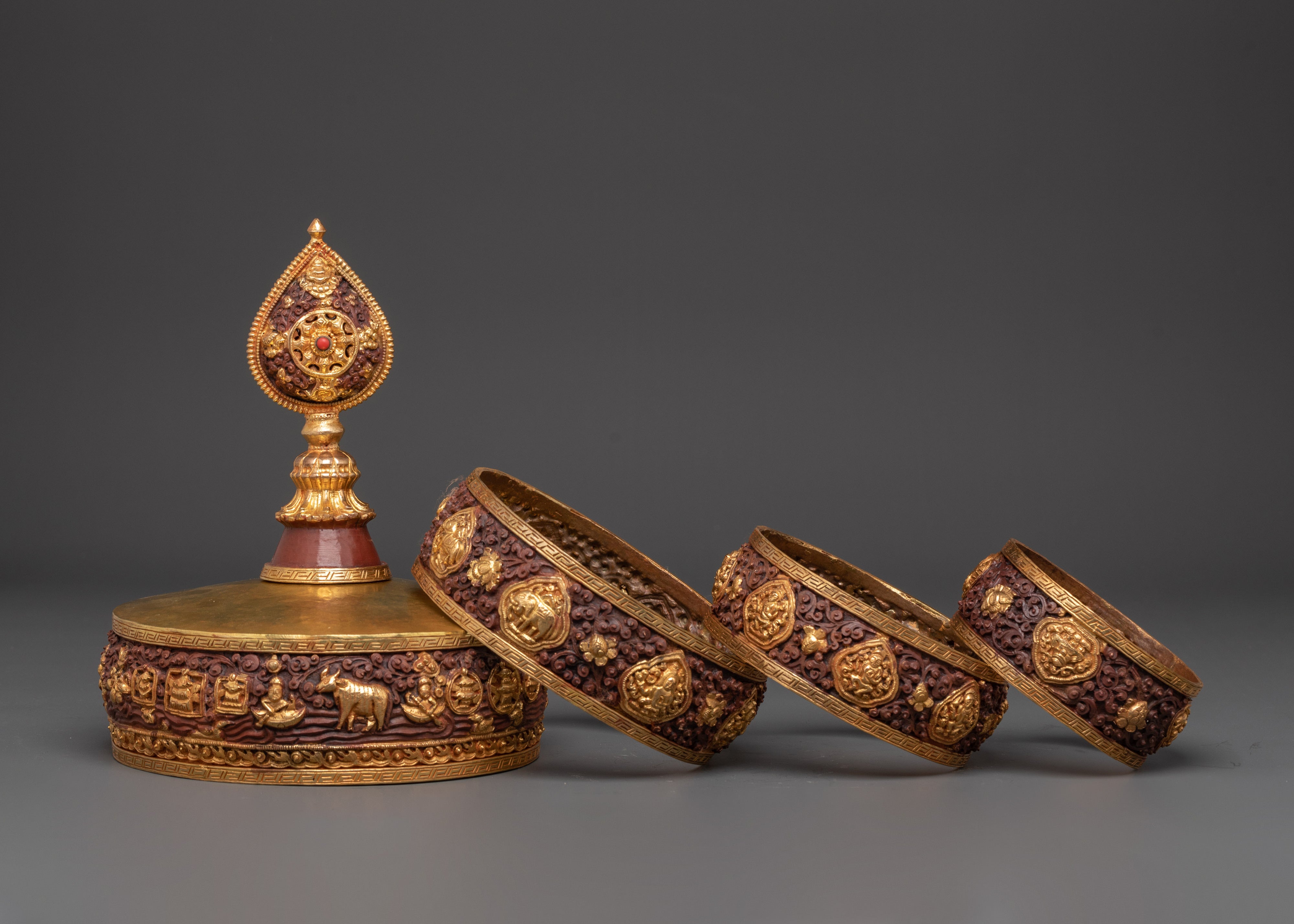 Traditional Buddhist Offering Mandala Set | Gold Plated Oxidized Copper Mandala