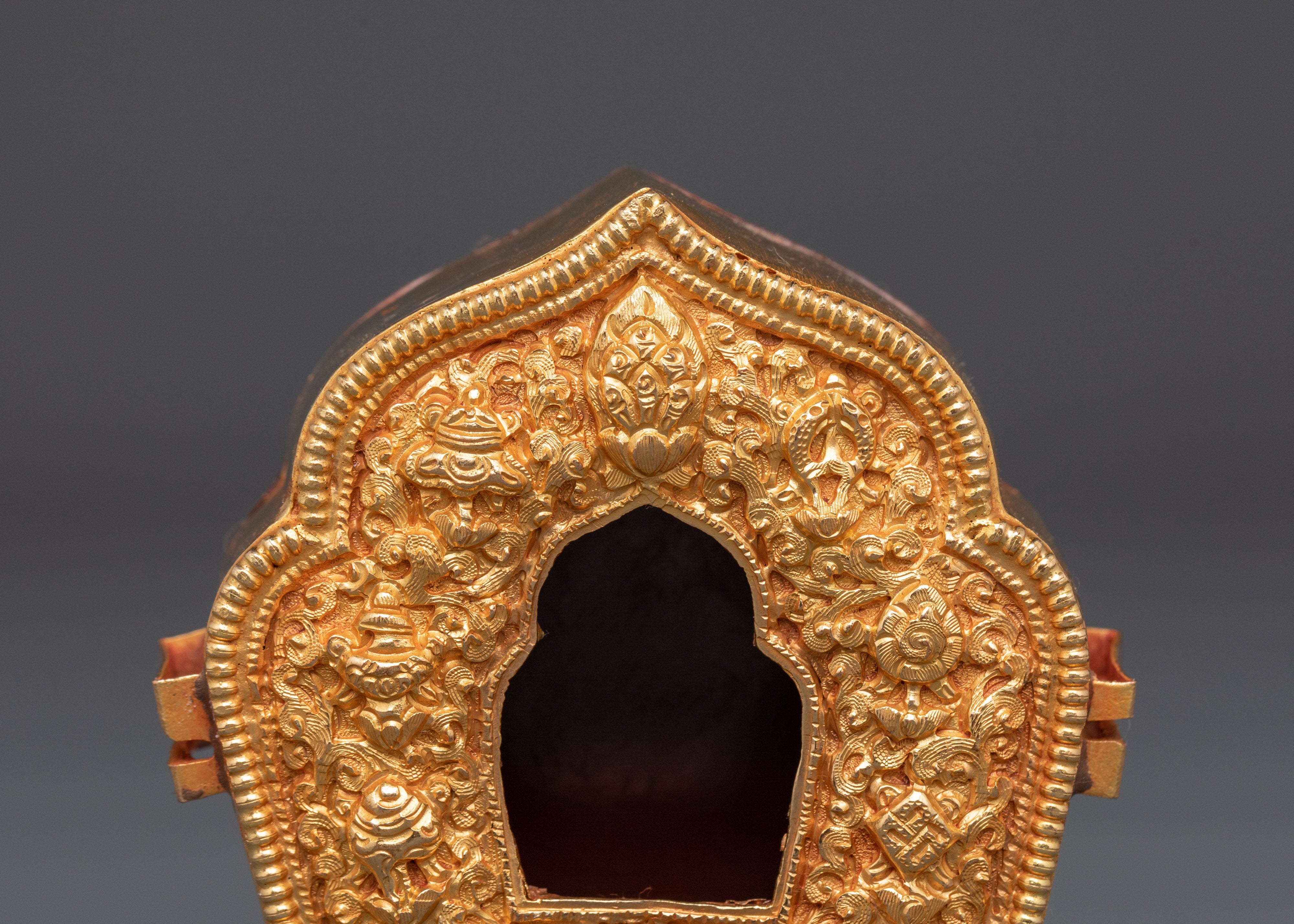 Gold Plated Tibetan Ghau Box | Spiritual Box with Tibetan Emblems
