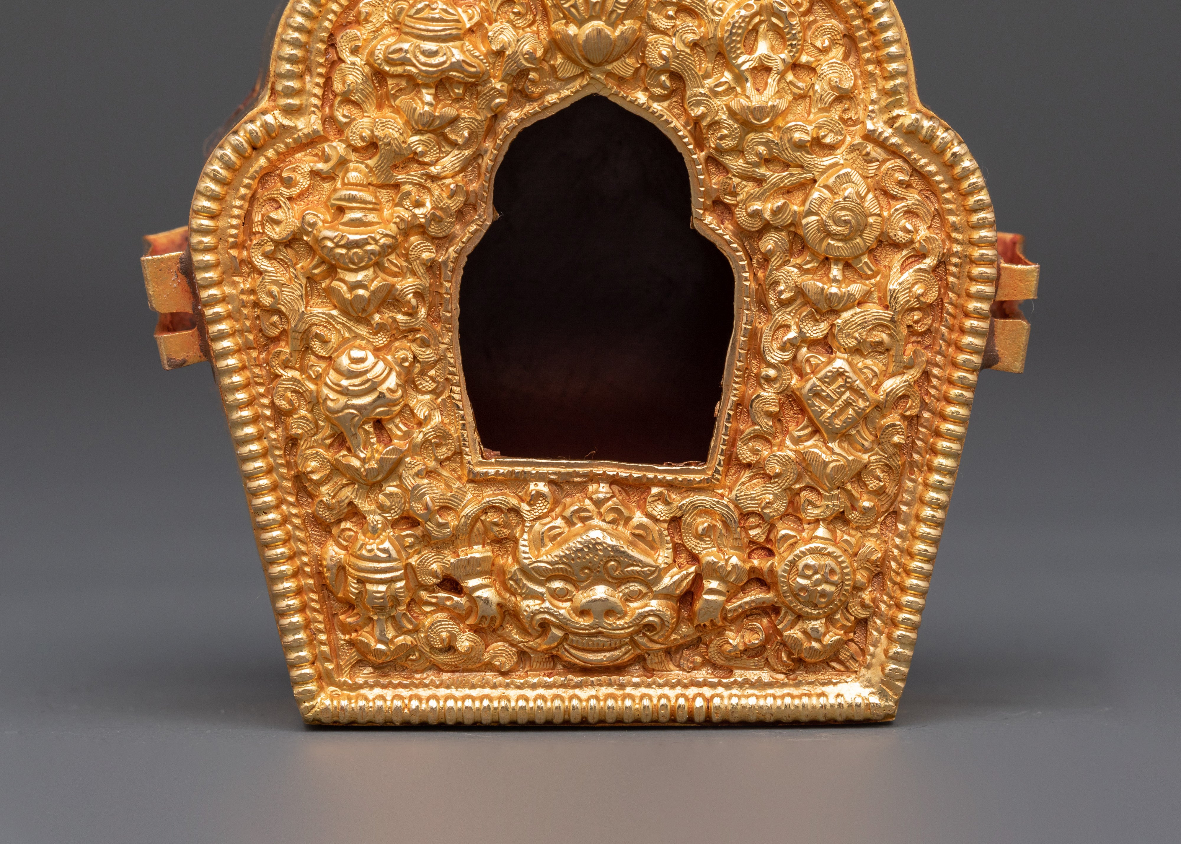 Gold Plated Tibetan Ghau Box | Spiritual Box with Tibetan Emblems