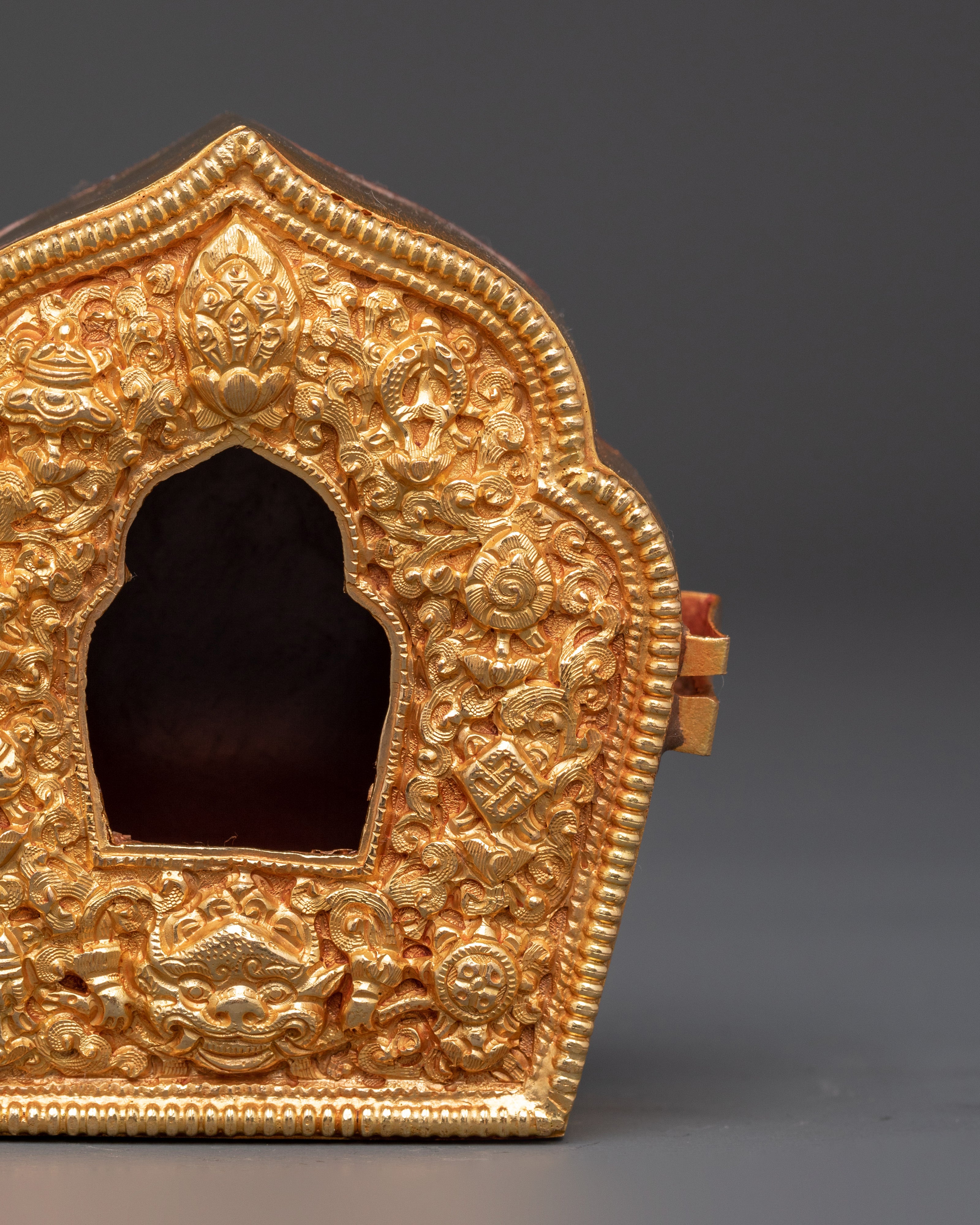 Gold Plated Tibetan Ghau Box | Spiritual Box with Tibetan Emblems