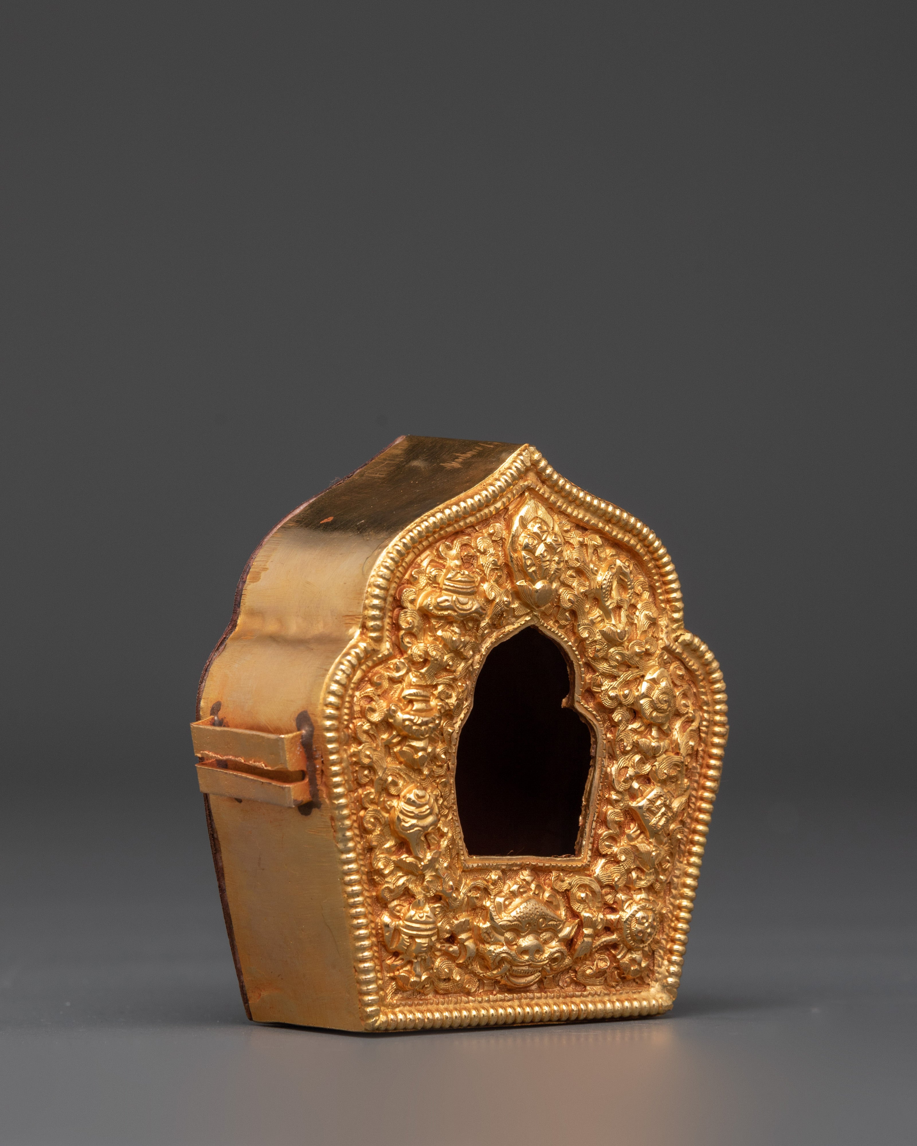Gold Plated Tibetan Ghau Box | Spiritual Box with Tibetan Emblems