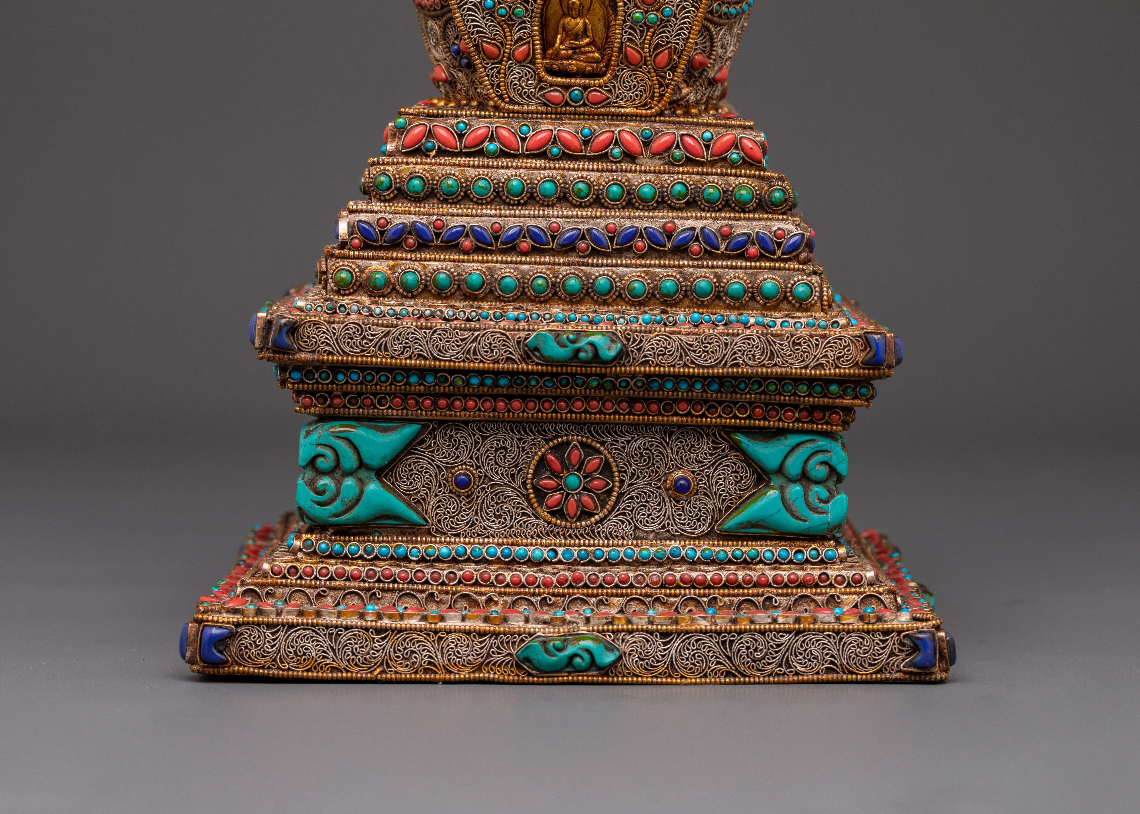 Spiritual Tibetan Stupa Sculpture with Coral & Turquoise Inlays