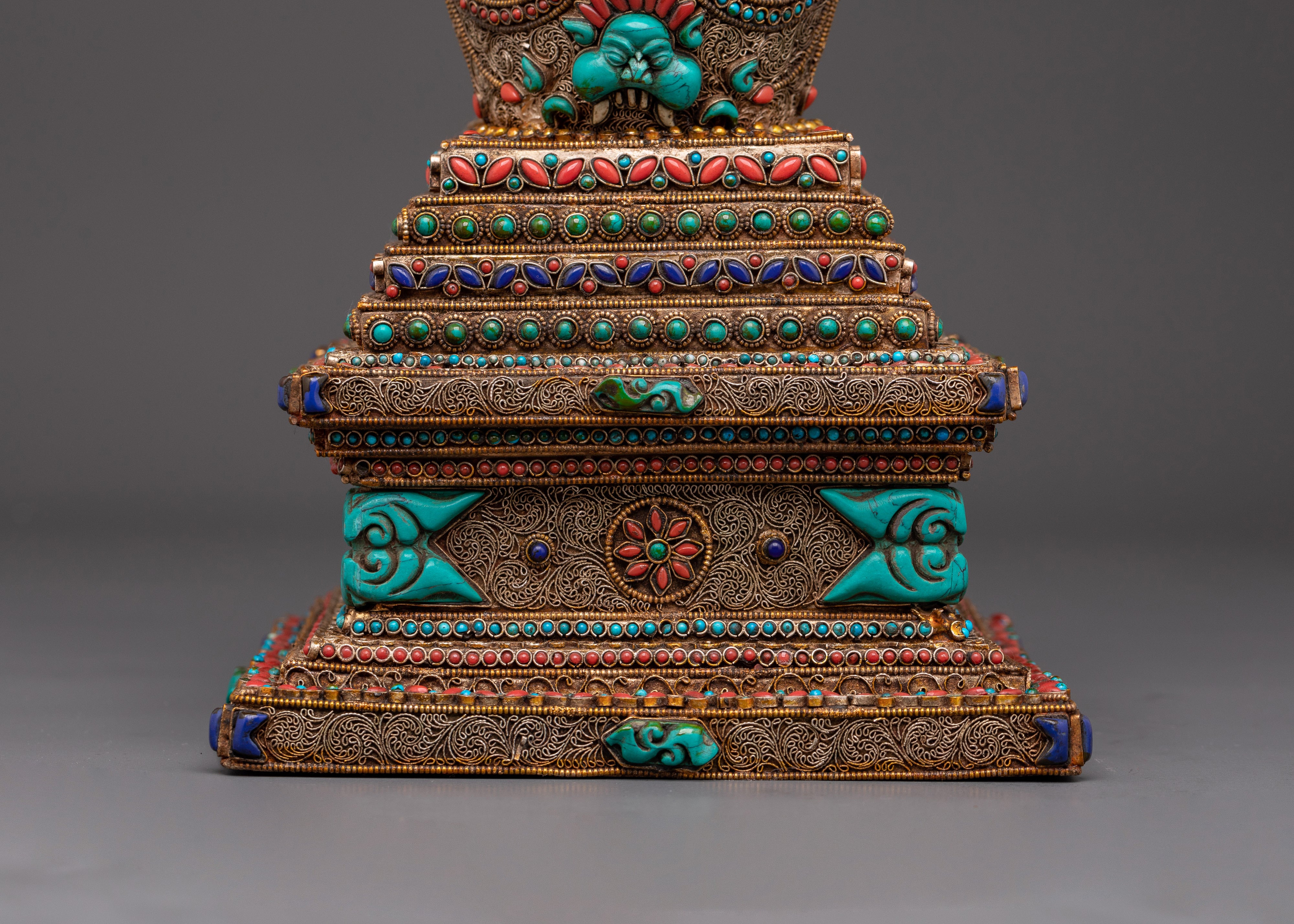 Spiritual Tibetan Stupa Sculpture with Coral & Turquoise Inlays
