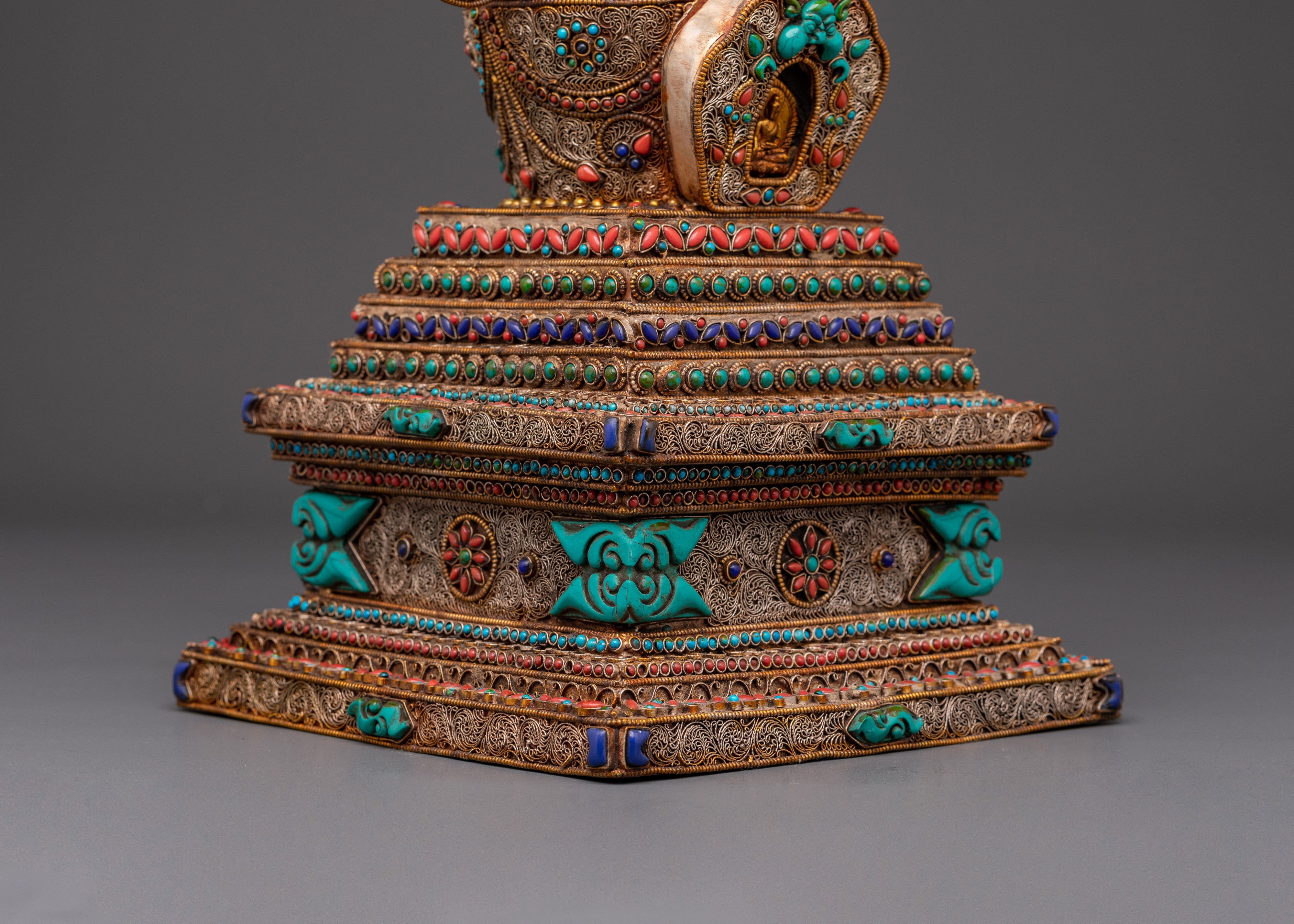 Spiritual Tibetan Stupa Sculpture with Coral & Turquoise Inlays