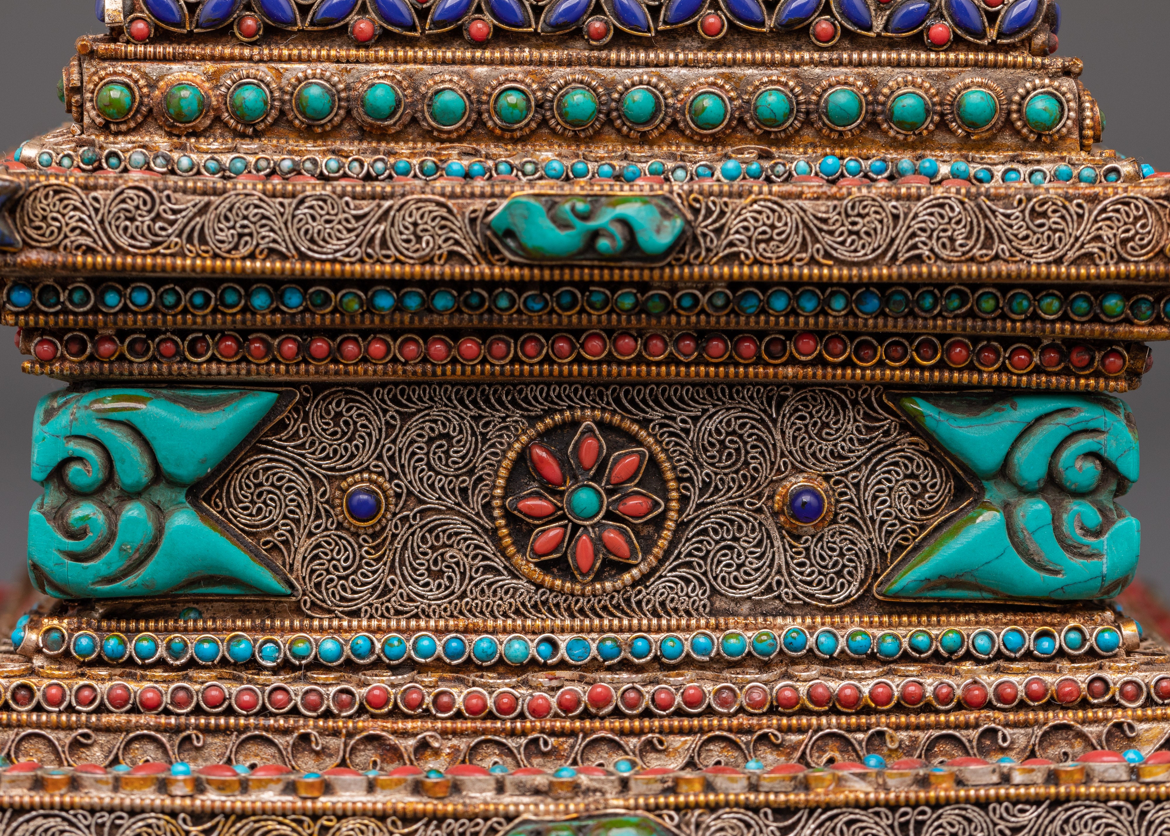 Spiritual Tibetan Stupa Sculpture with Coral & Turquoise Inlays