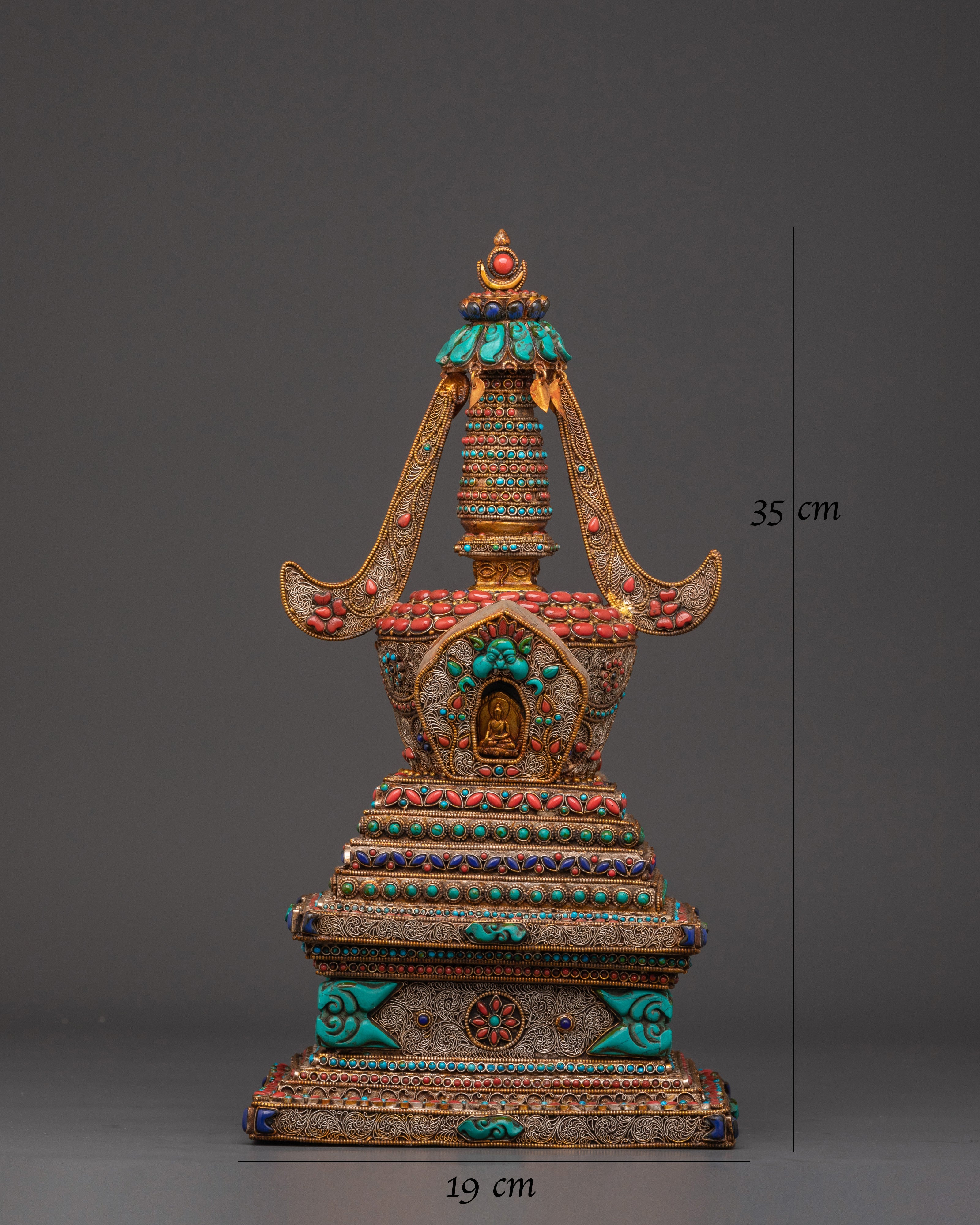Spiritual Tibetan Stupa Sculpture with Coral & Turquoise Inlays