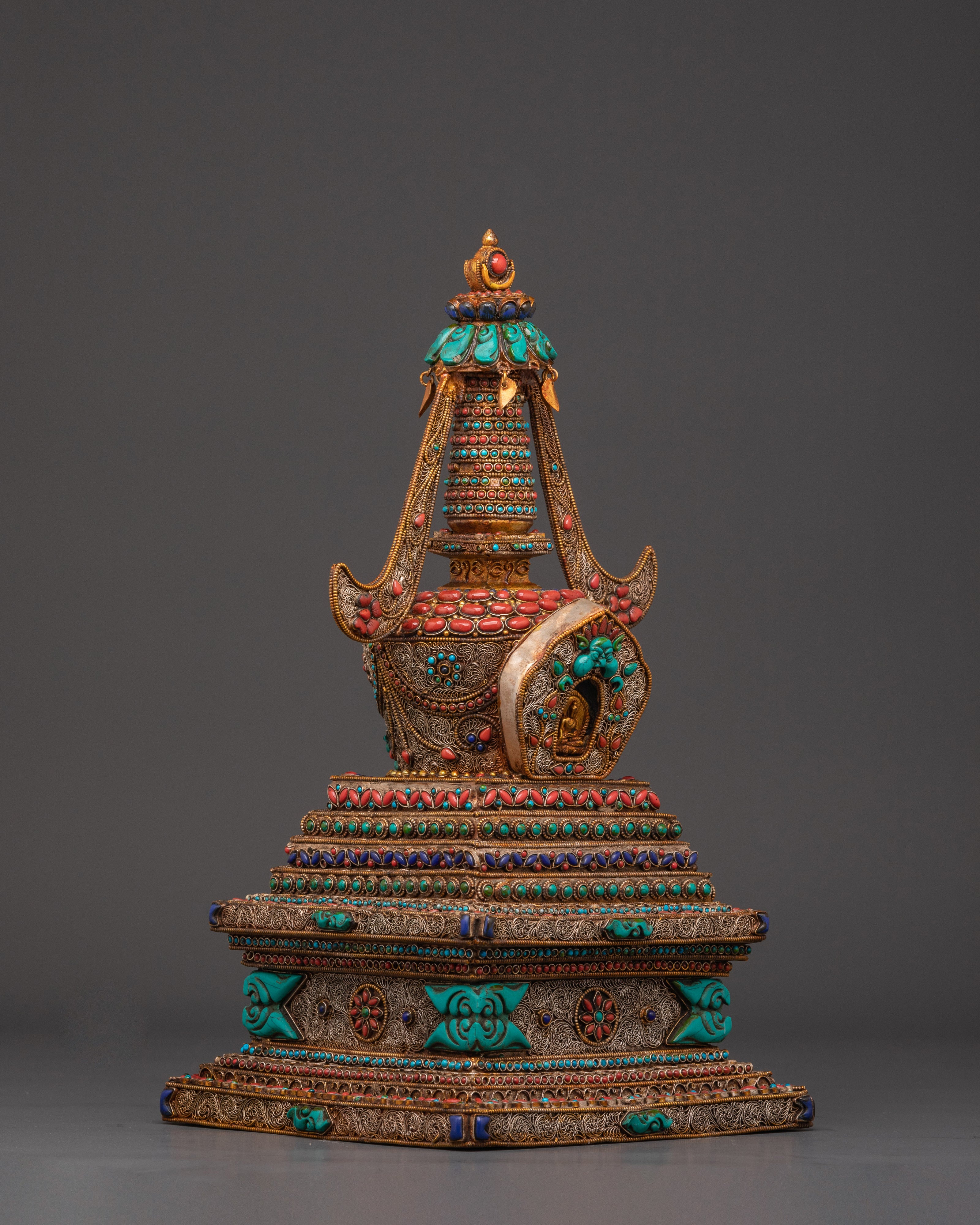 Spiritual Tibetan Stupa Sculpture with Coral & Turquoise Inlays