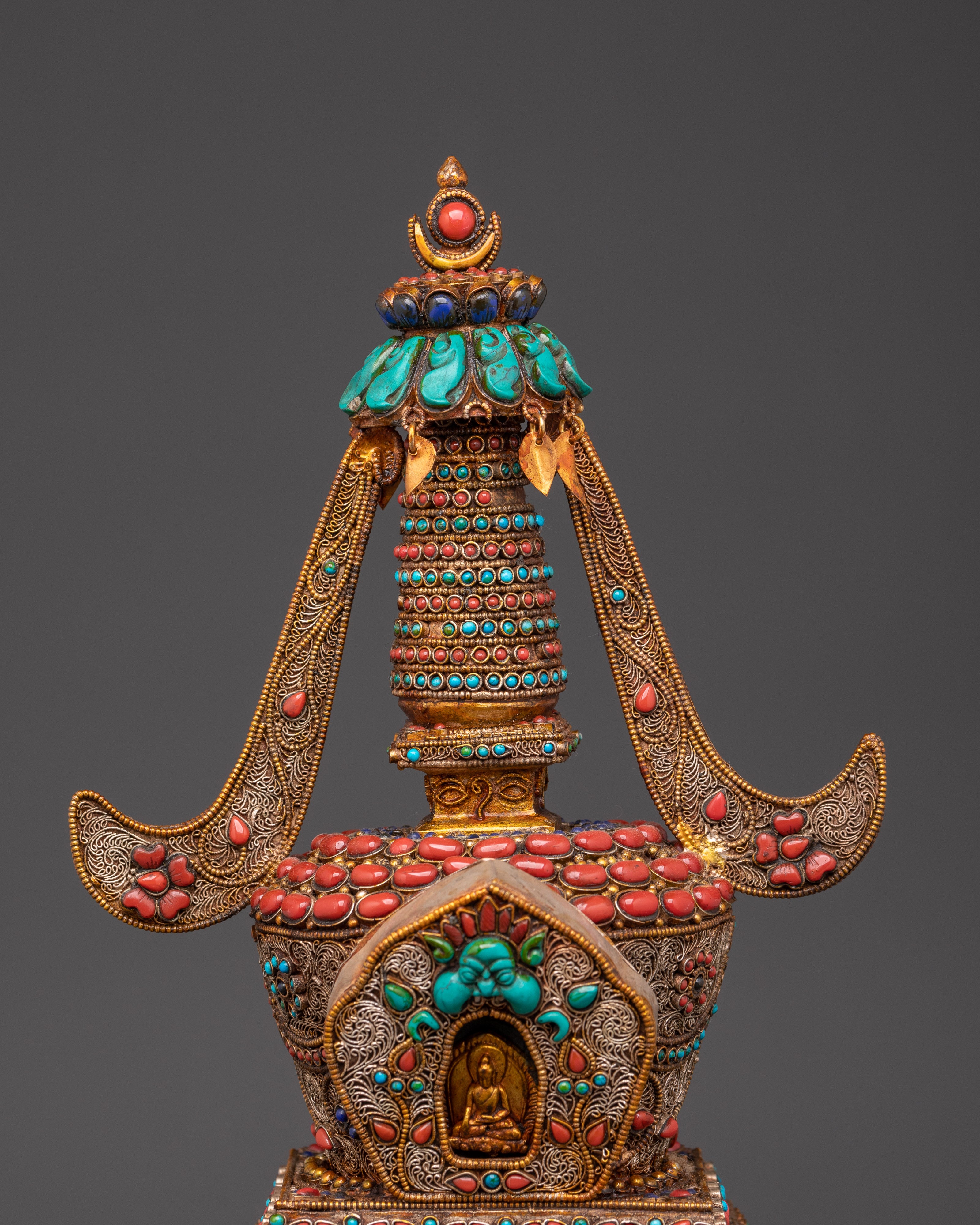 Spiritual Tibetan Stupa Sculpture with Coral & Turquoise Inlays