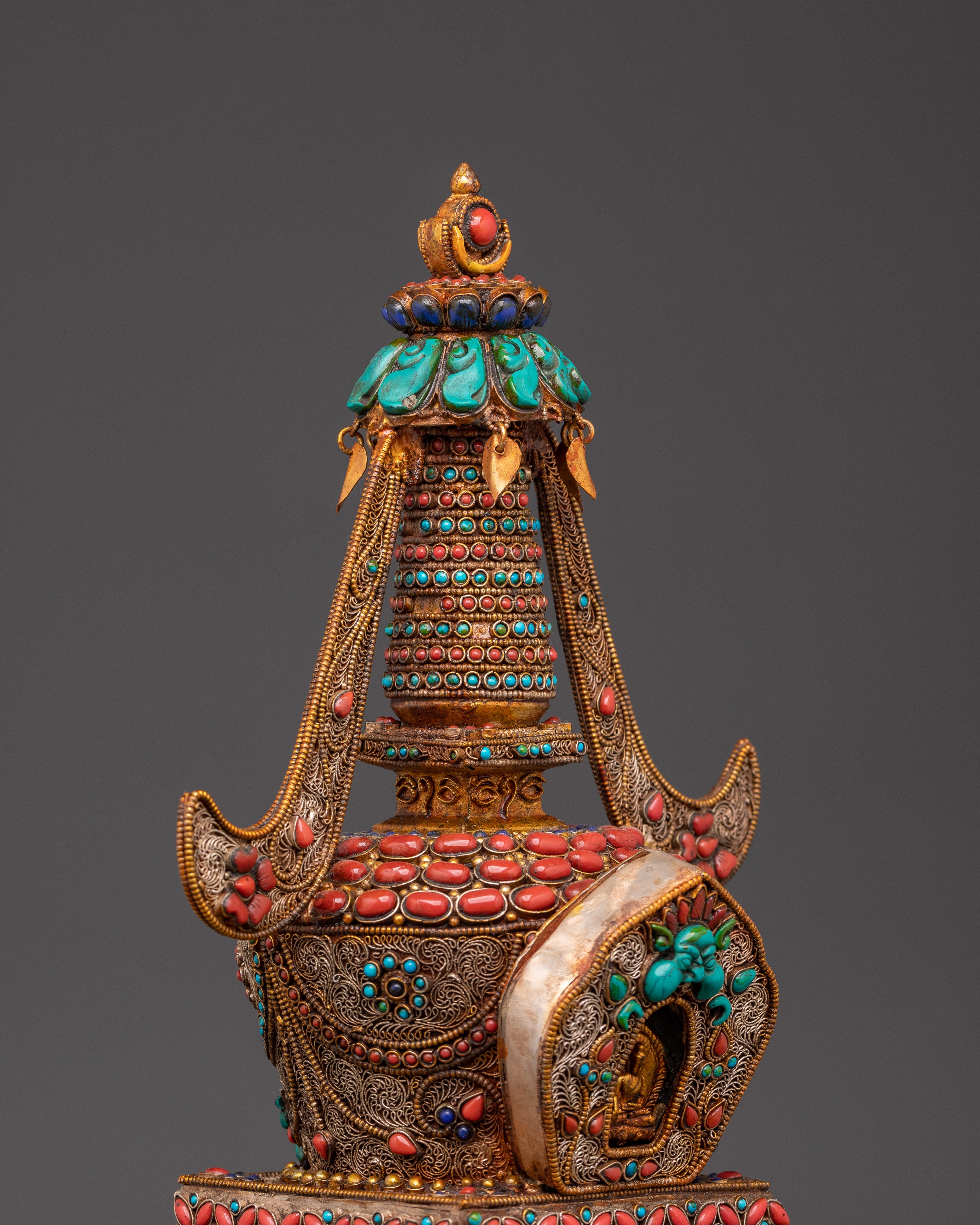 Spiritual Tibetan Stupa Sculpture with Coral & Turquoise Inlays