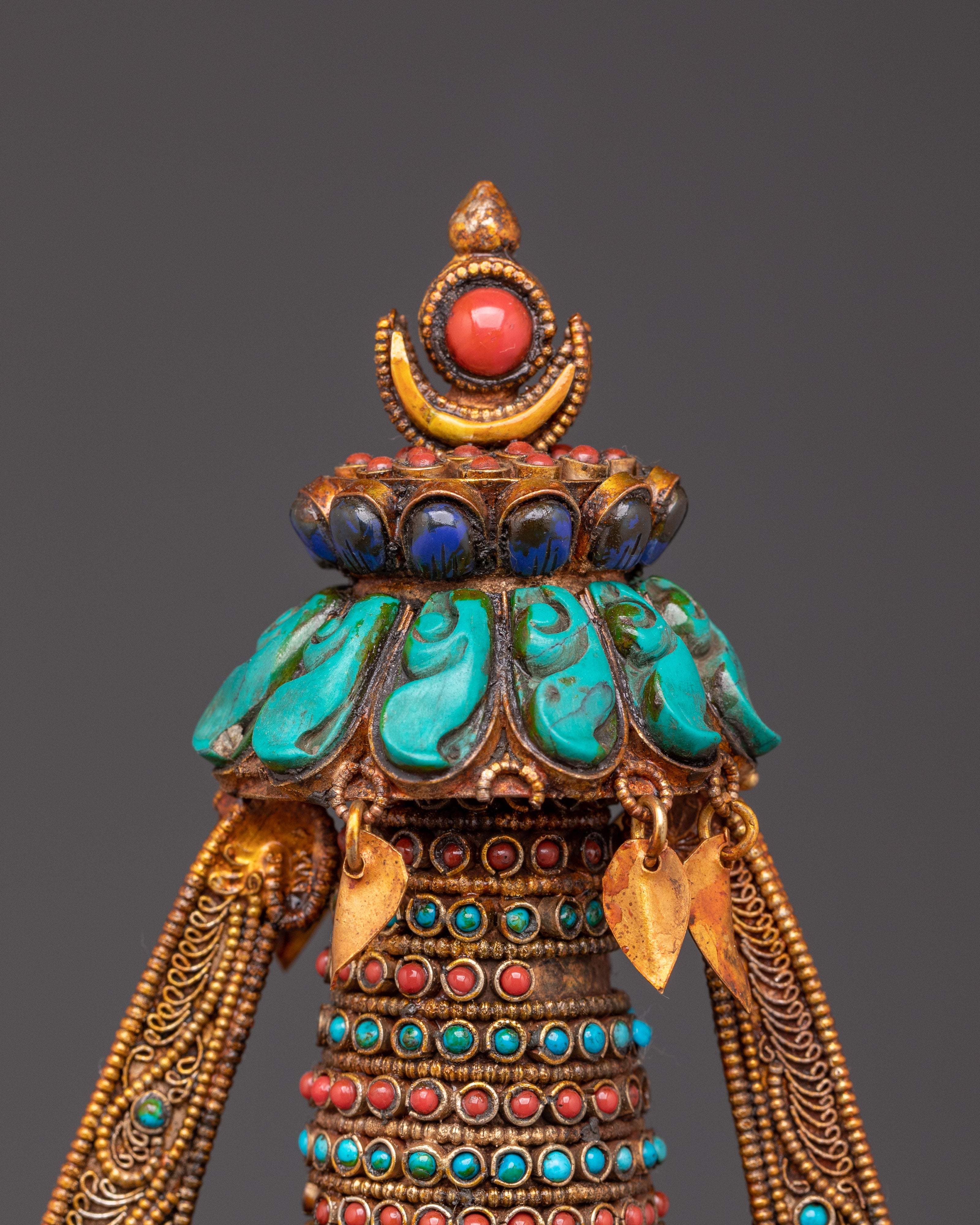 Spiritual Tibetan Stupa Sculpture with Coral & Turquoise Inlays