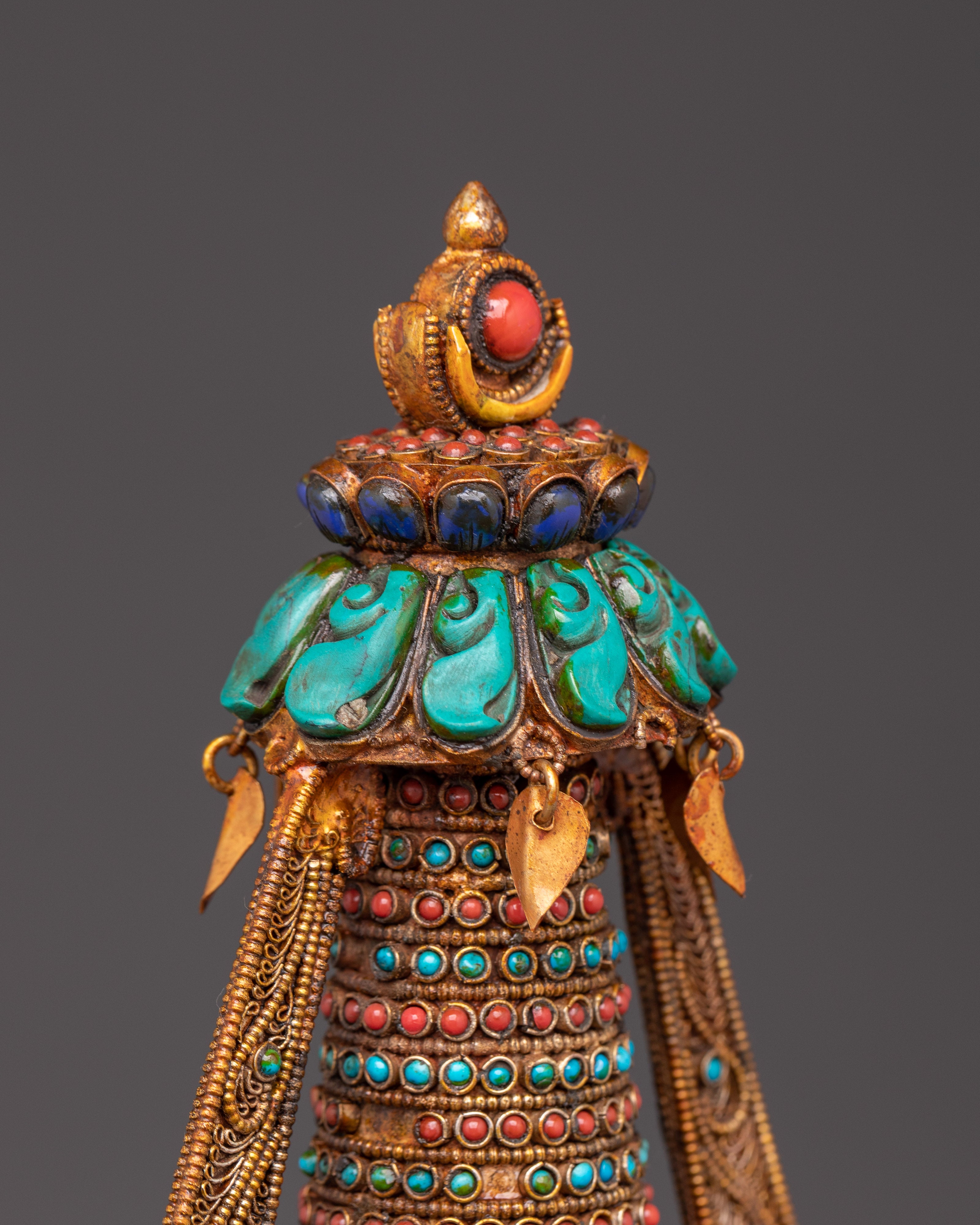 Spiritual Tibetan Stupa Sculpture with Coral & Turquoise Inlays