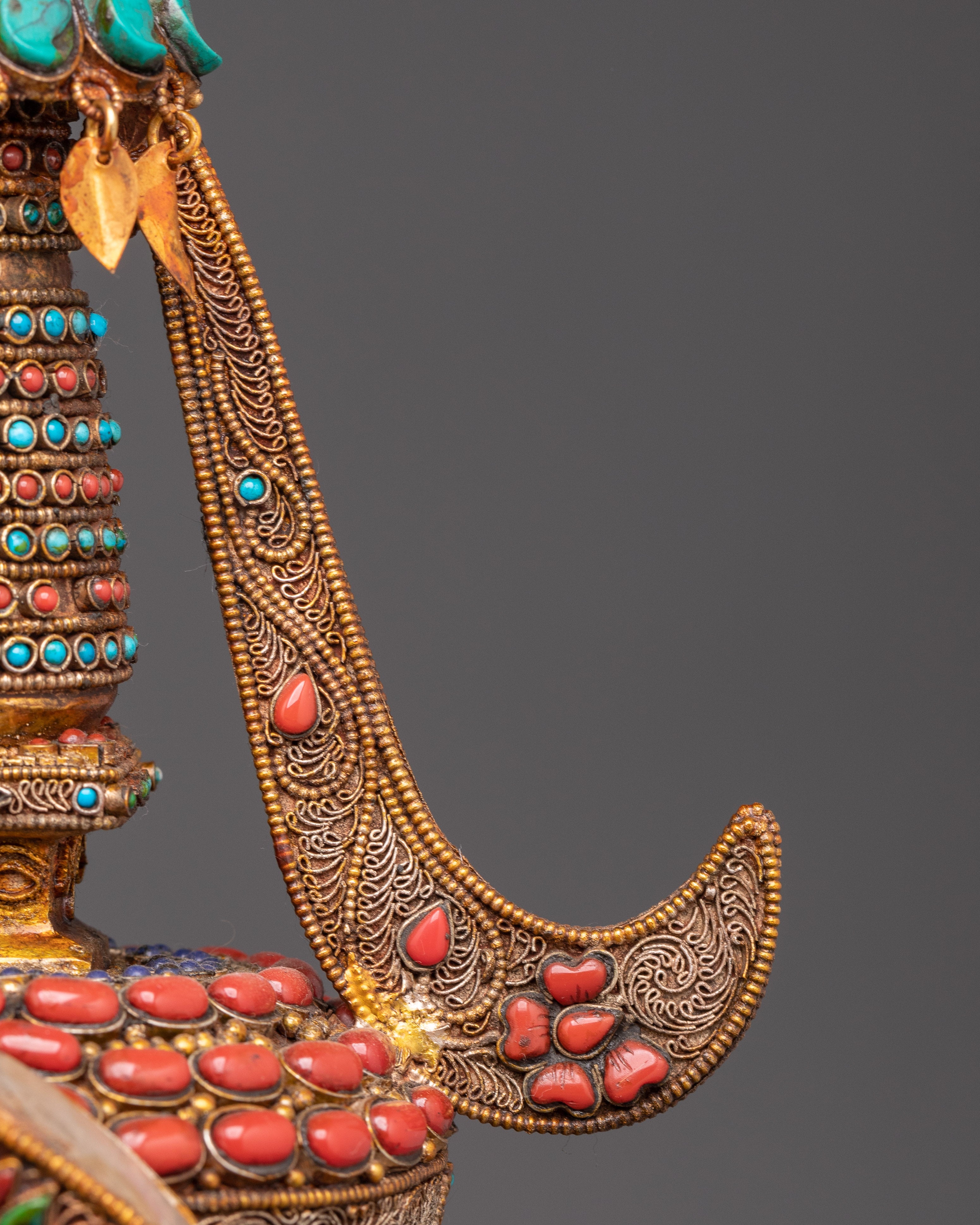 Spiritual Tibetan Stupa Sculpture with Coral & Turquoise Inlays