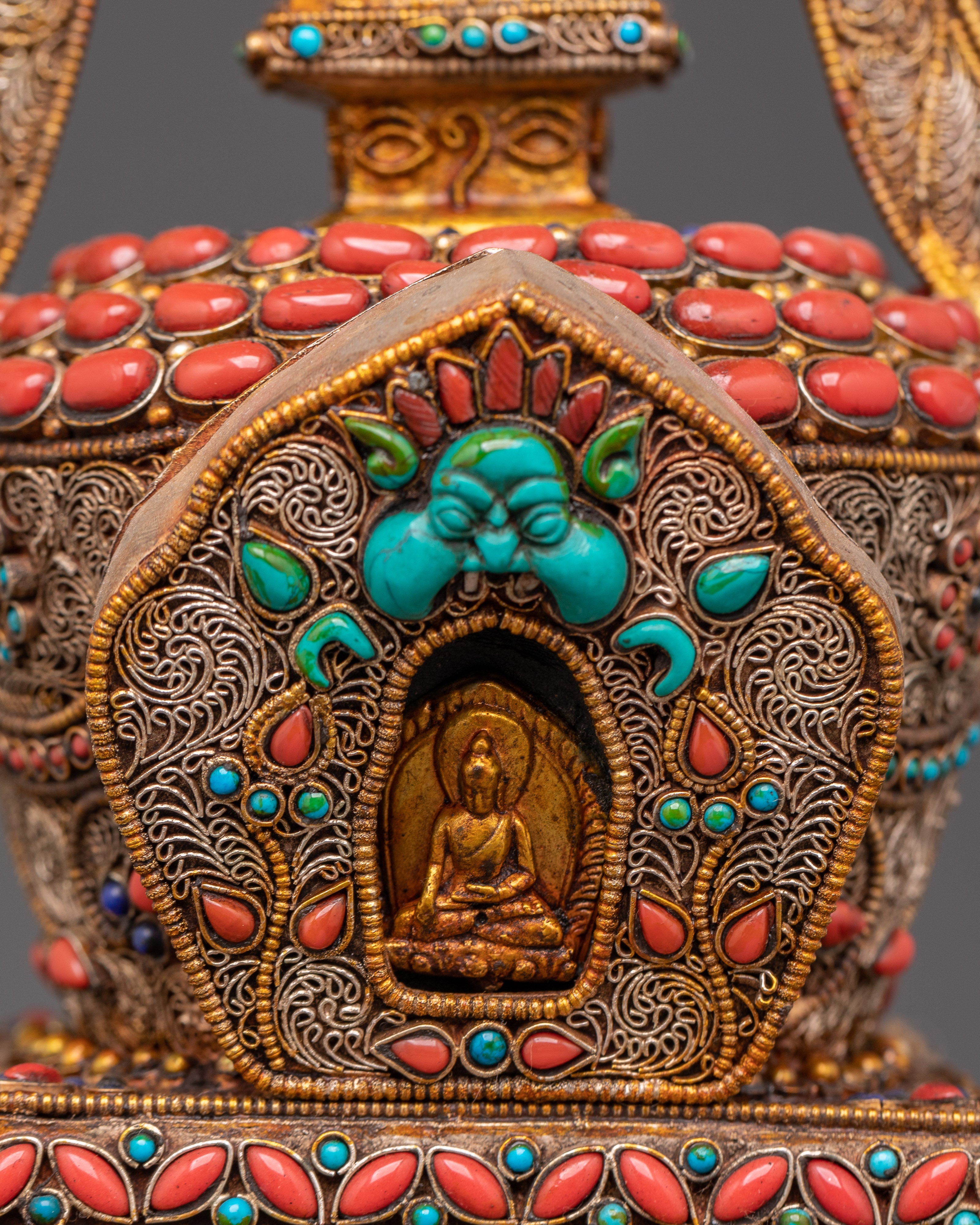 Spiritual Tibetan Stupa Sculpture with Coral & Turquoise Inlays