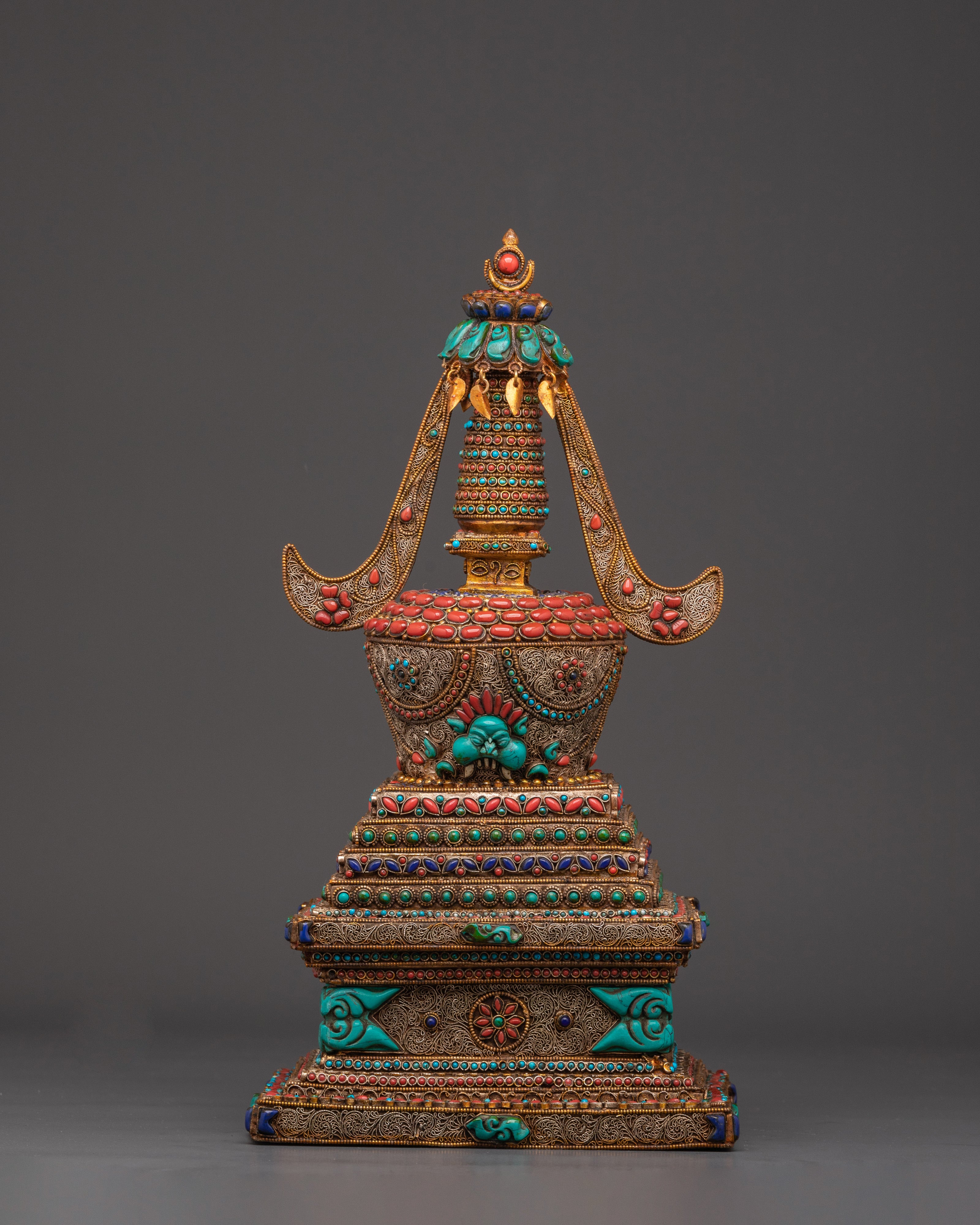 Spiritual Tibetan Stupa Sculpture with Coral & Turquoise Inlays