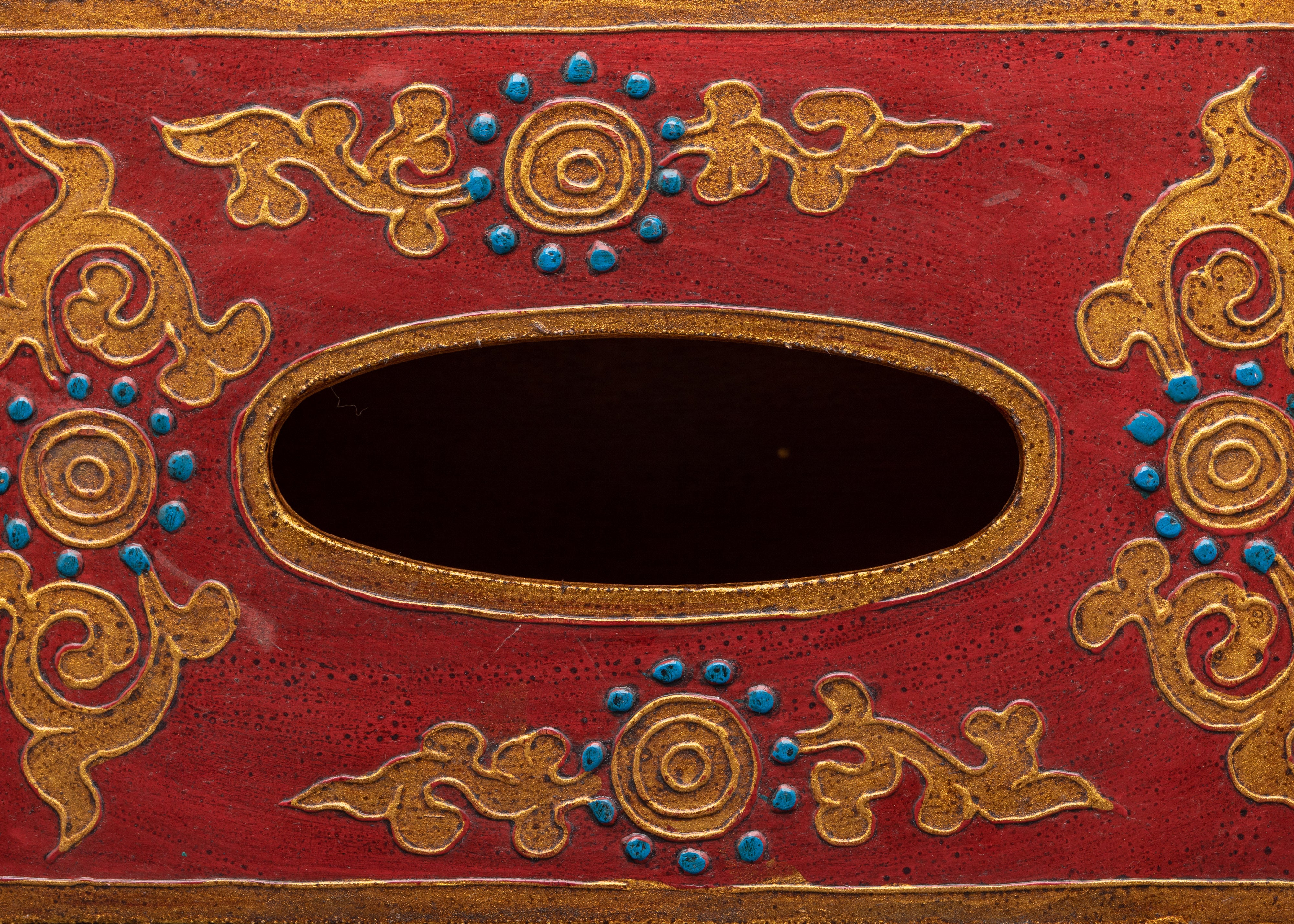 Tibetan Floral Tissue Box | Hand Painted Red Wood Box with Blue Flower