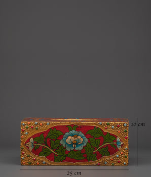 Tibetan Floral Tissue Box | Hand Painted Red Wood Box with Blue Flower