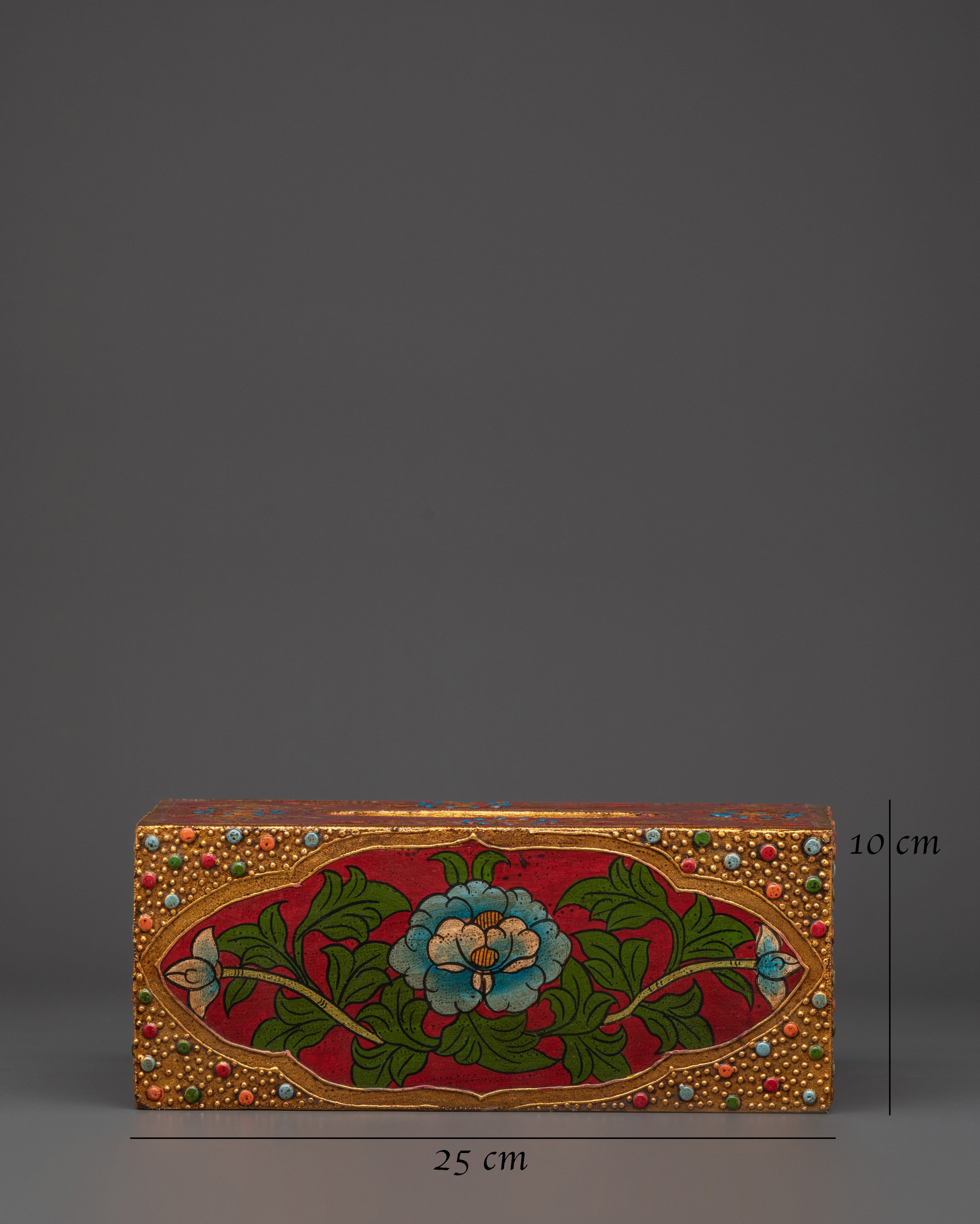 Tibetan Floral Tissue Box | Hand Painted Red Wood Box with Blue Flower