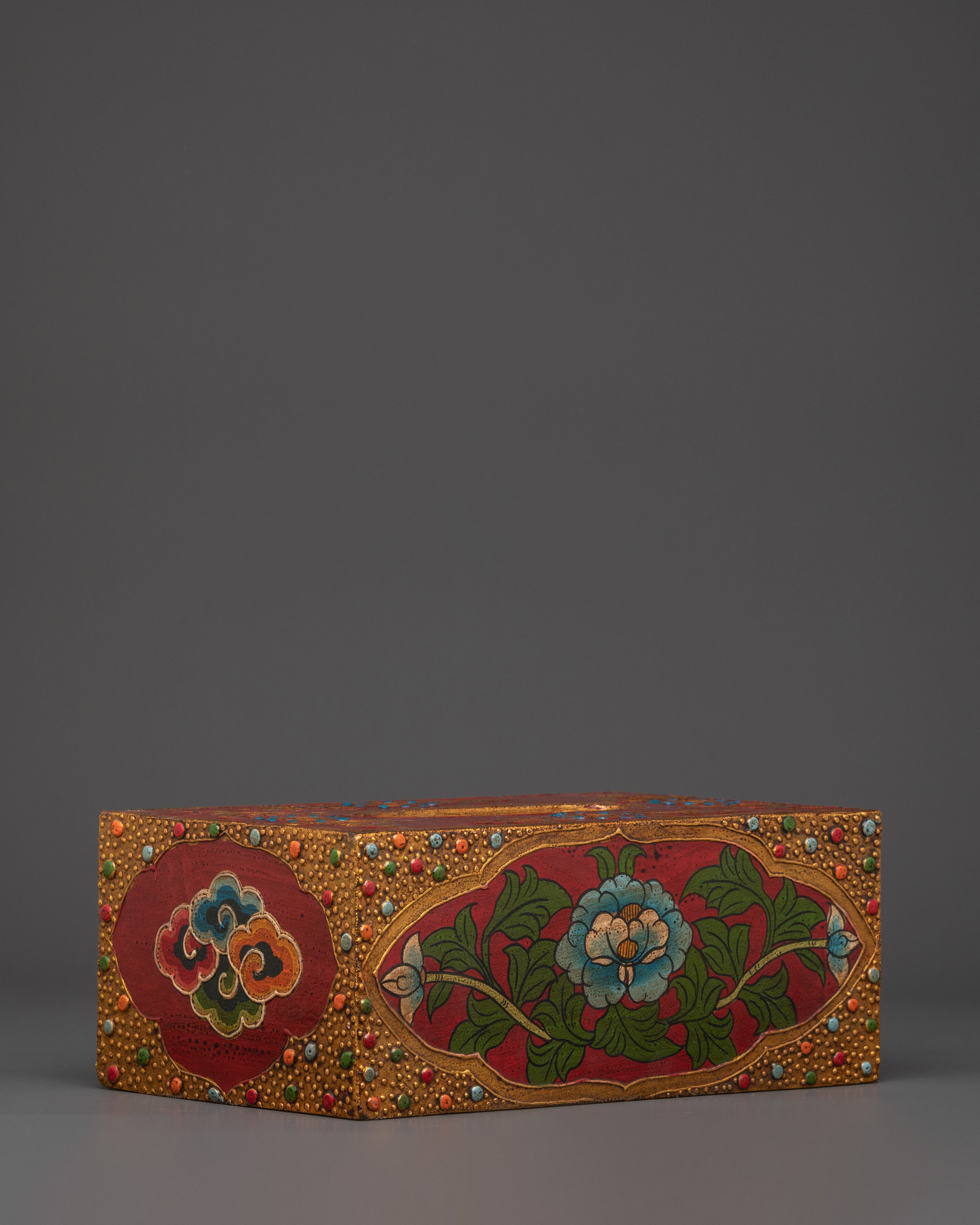 Tibetan Floral Tissue Box | Hand Painted Red Wood Box with Blue Flower