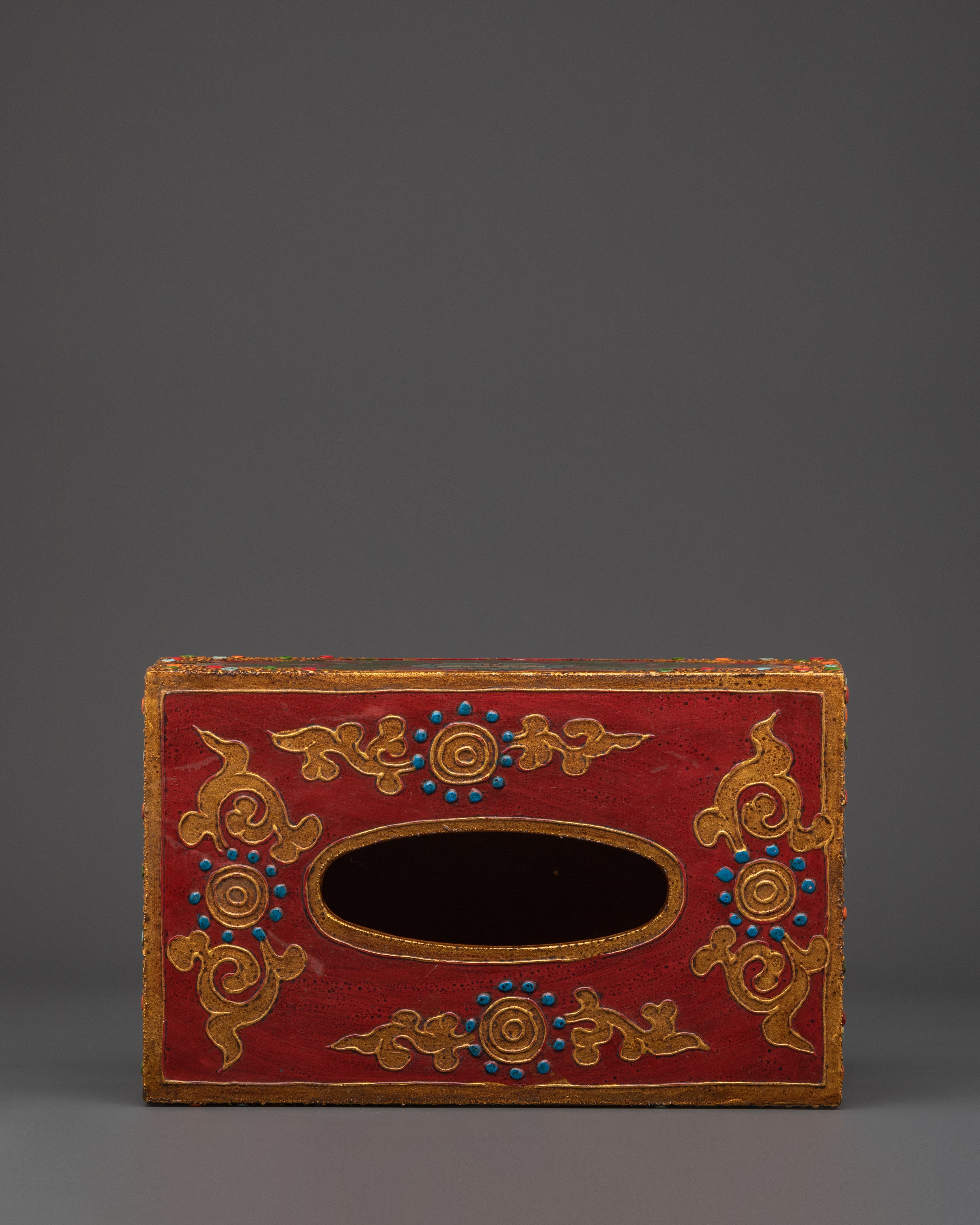 Tibetan Floral Tissue Box | Hand Painted Red Wood Box with Blue Flower