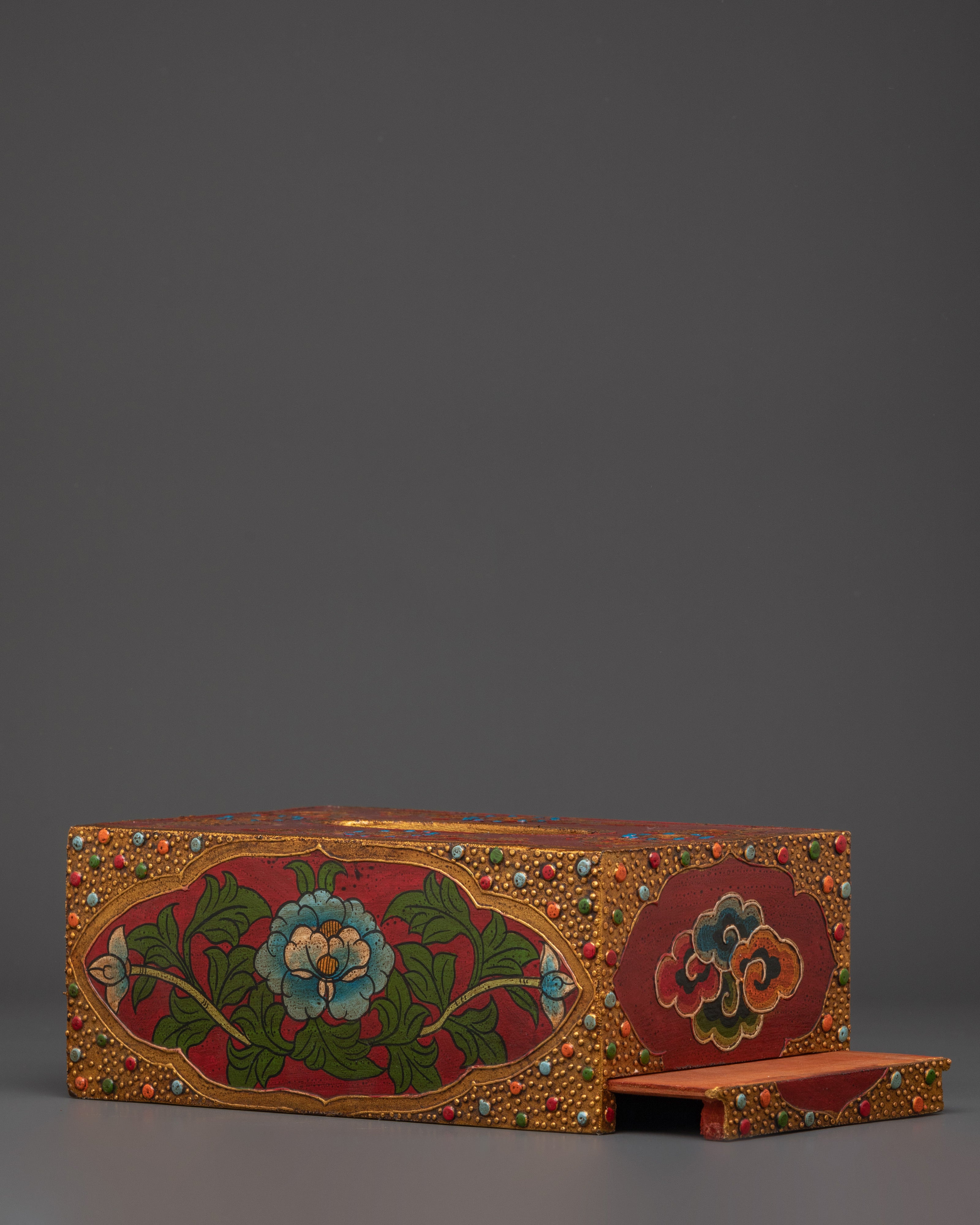 Tibetan Floral Tissue Box | Hand Painted Red Wood Box with Blue Flower