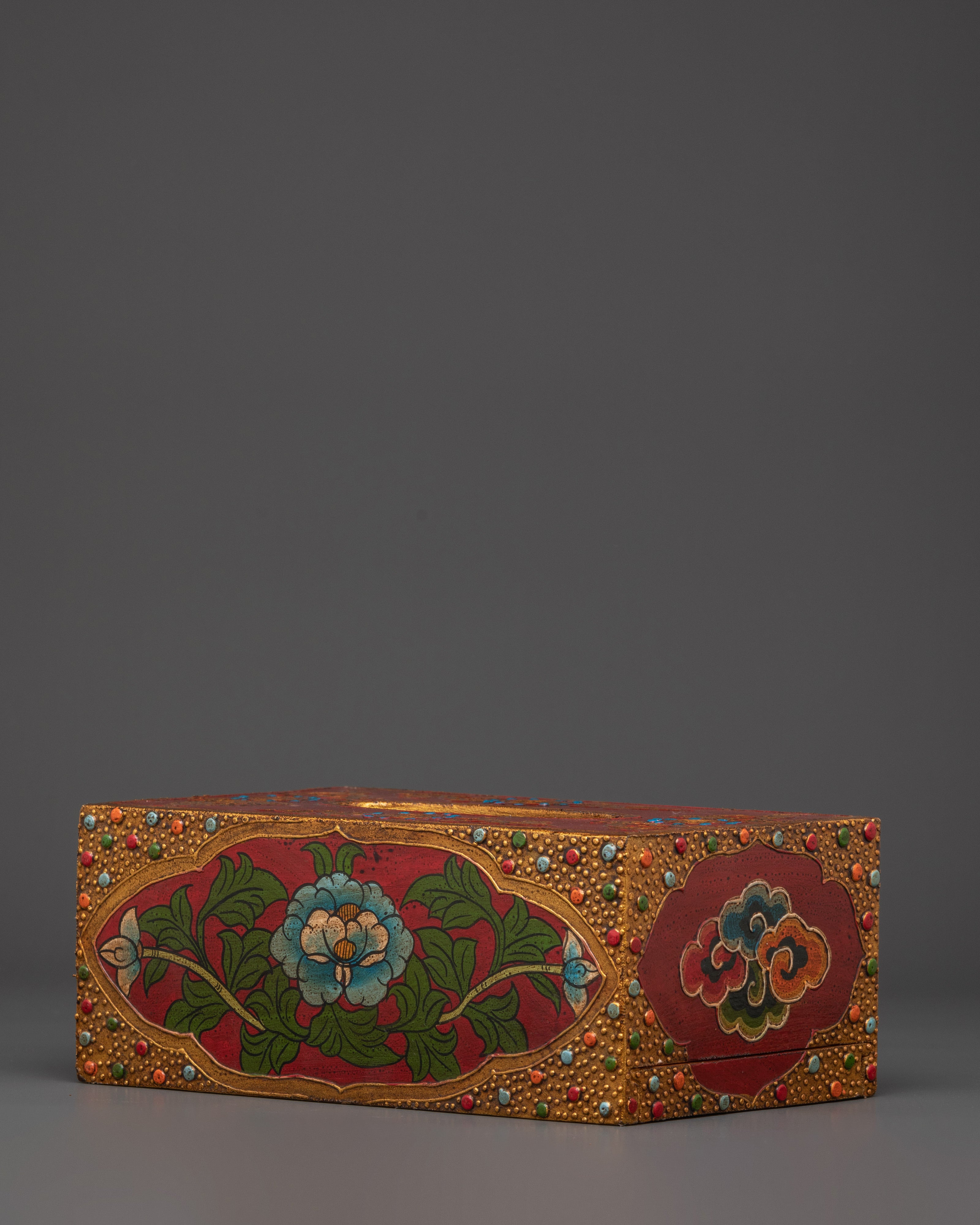 Tibetan Floral Tissue Box | Hand Painted Red Wood Box with Blue Flower
