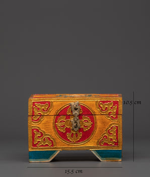 Hand Painted Tibetan Treasure Box | Yellow Red Wood Chest with Cloud Motifs