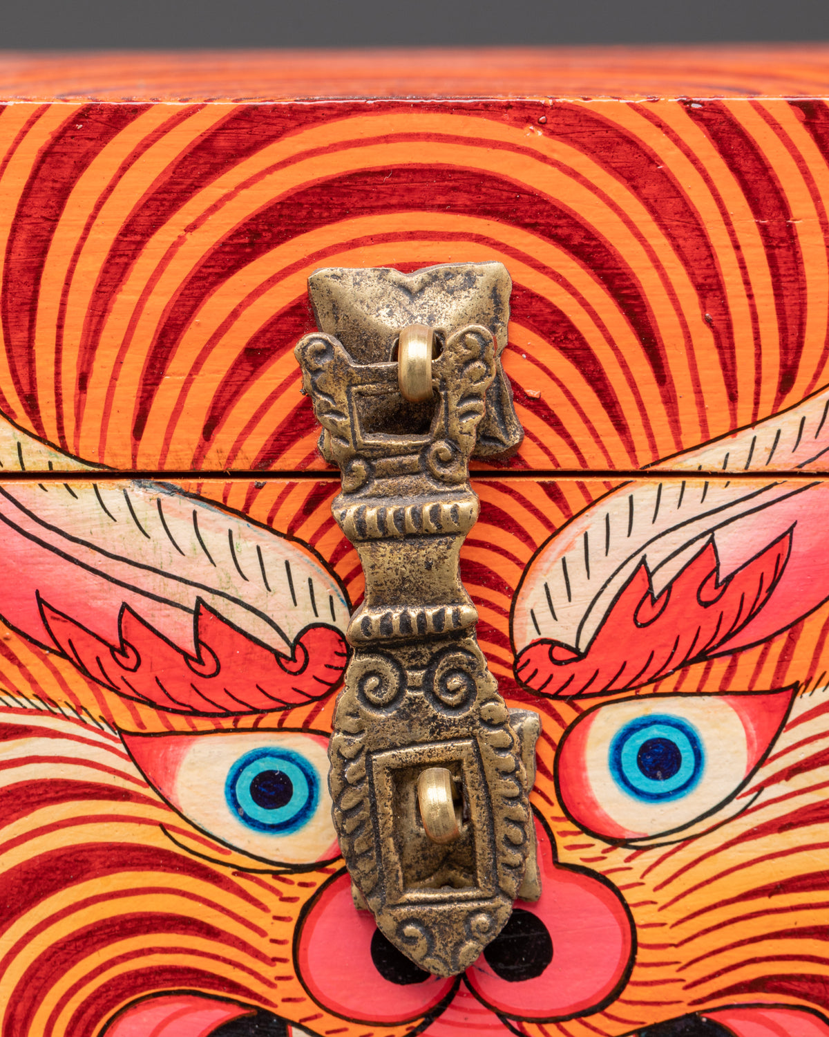 Hand Painted Tibetan Guardian Box | Bold Red and Green Wood Chest with Fierce Protector Design