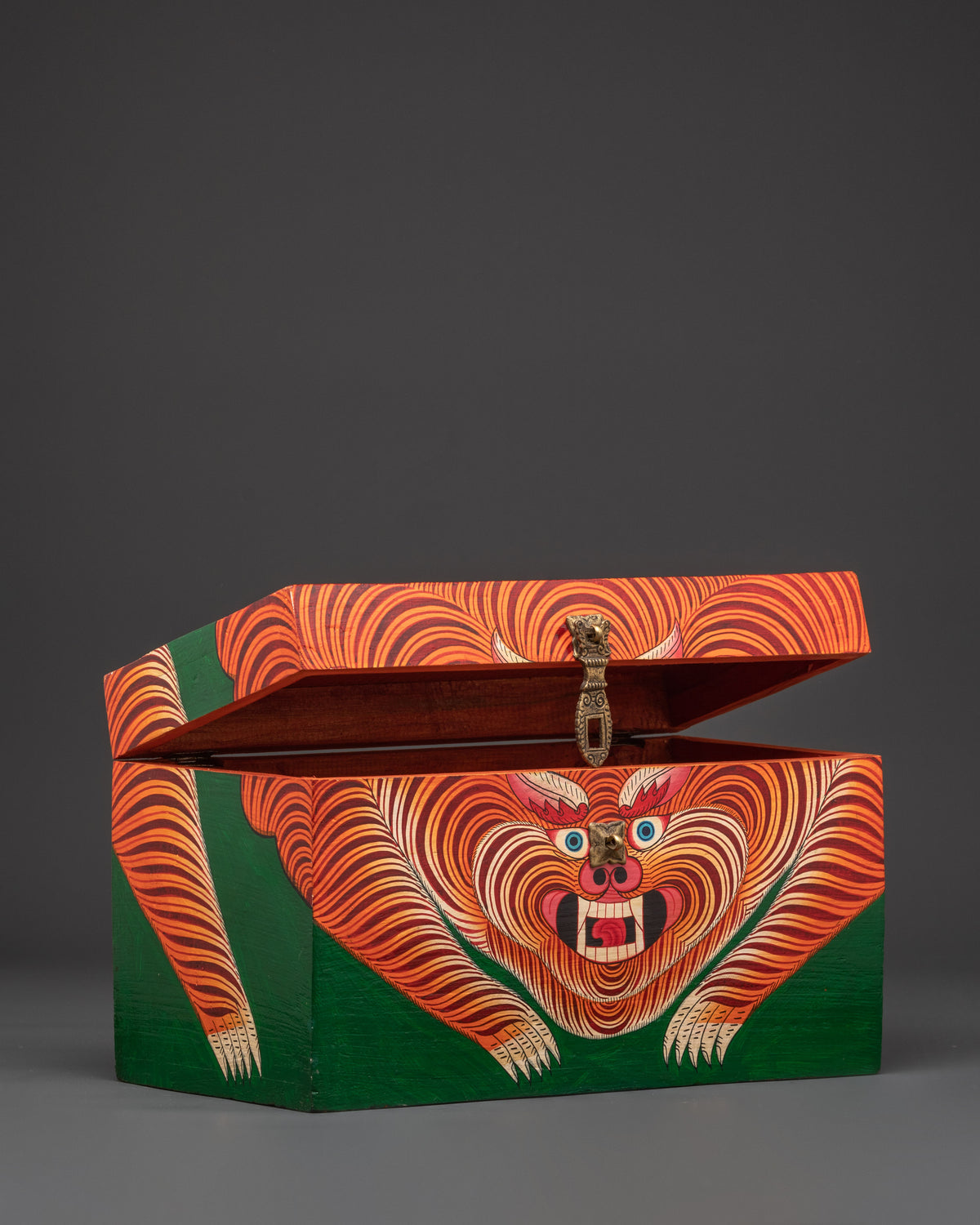 Hand Painted Tibetan Guardian Box | Bold Red and Green Wood Chest with Fierce Protector Design