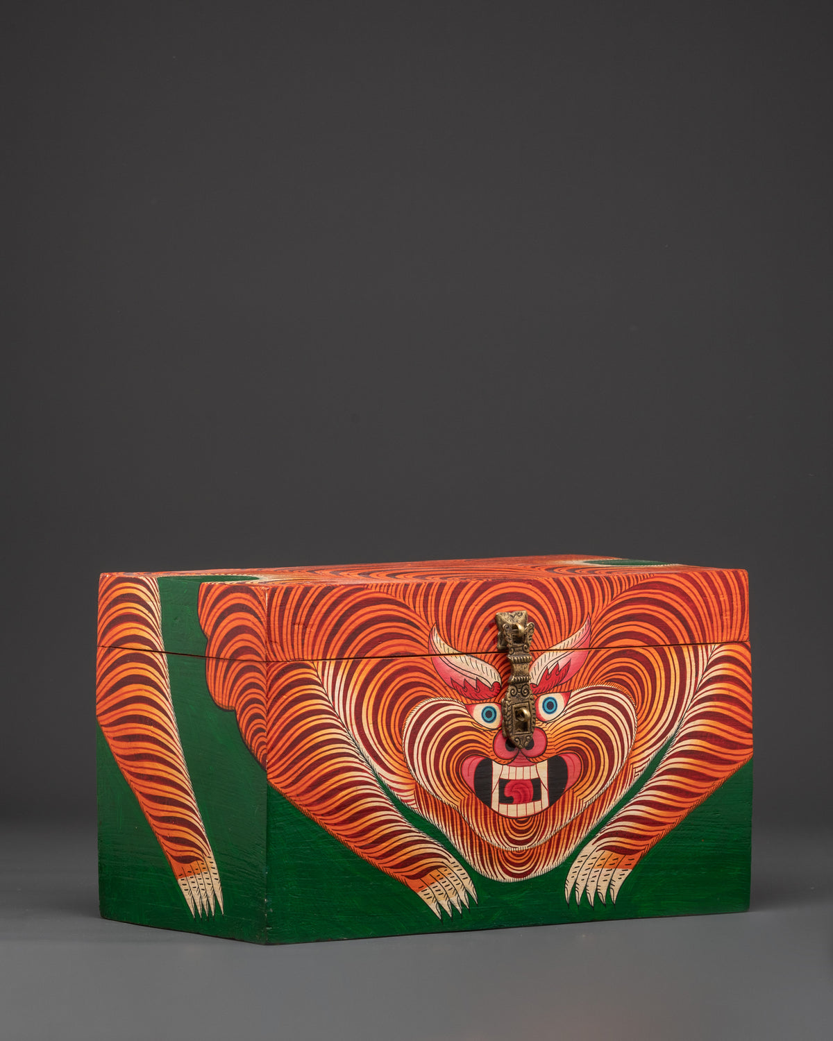 Hand Painted Tibetan Guardian Box | Bold Red and Green Wood Chest with Fierce Protector Design