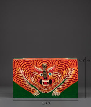 Hand Painted Tibetan Guardian Box | Bold Red and Green Wood Chest with Fierce Protector Design