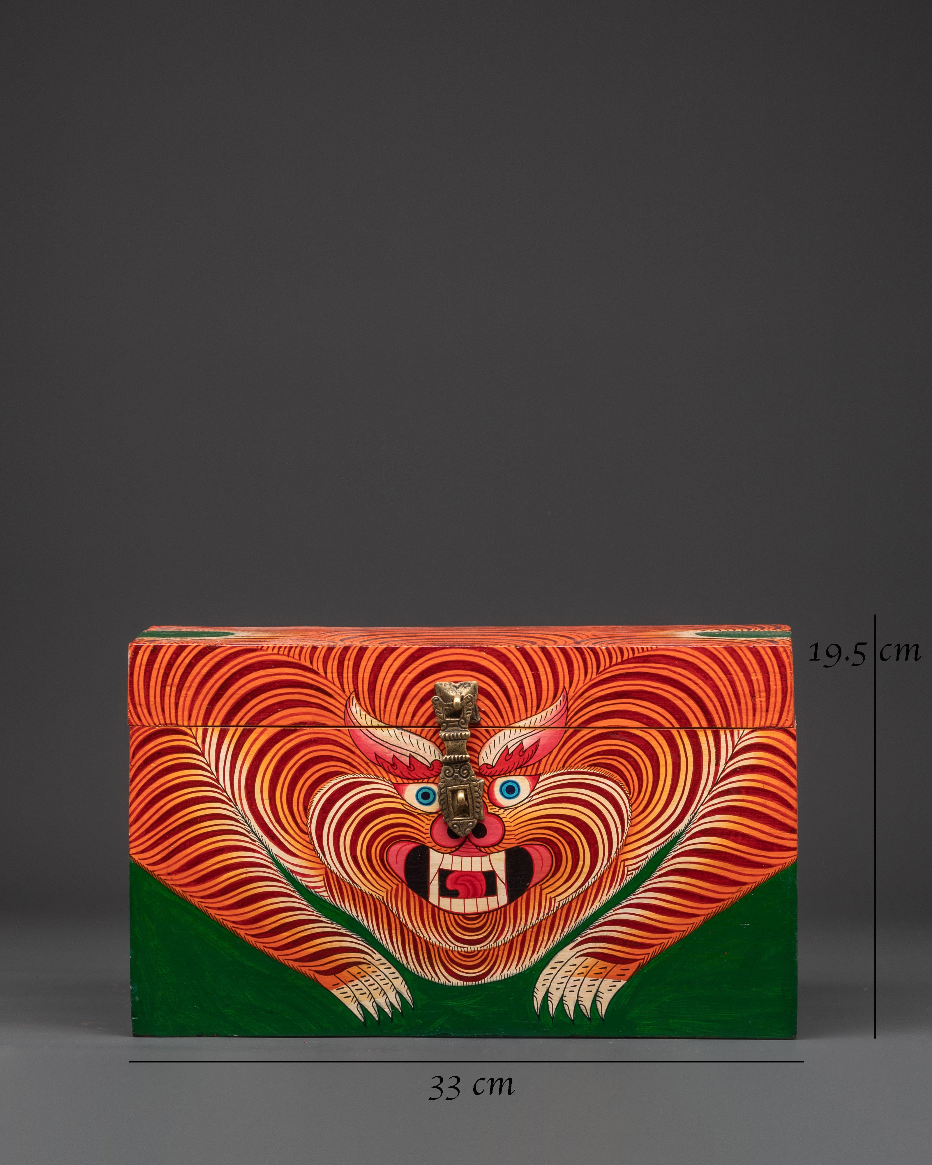 Hand Painted Tibetan Guardian Box | Bold Red and Green Wood Chest with Fierce Protector Design