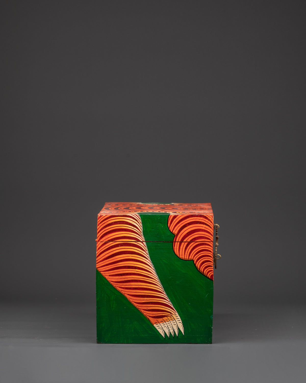 Hand Painted Tibetan Guardian Box | Bold Red and Green Wood Chest with Fierce Protector Design