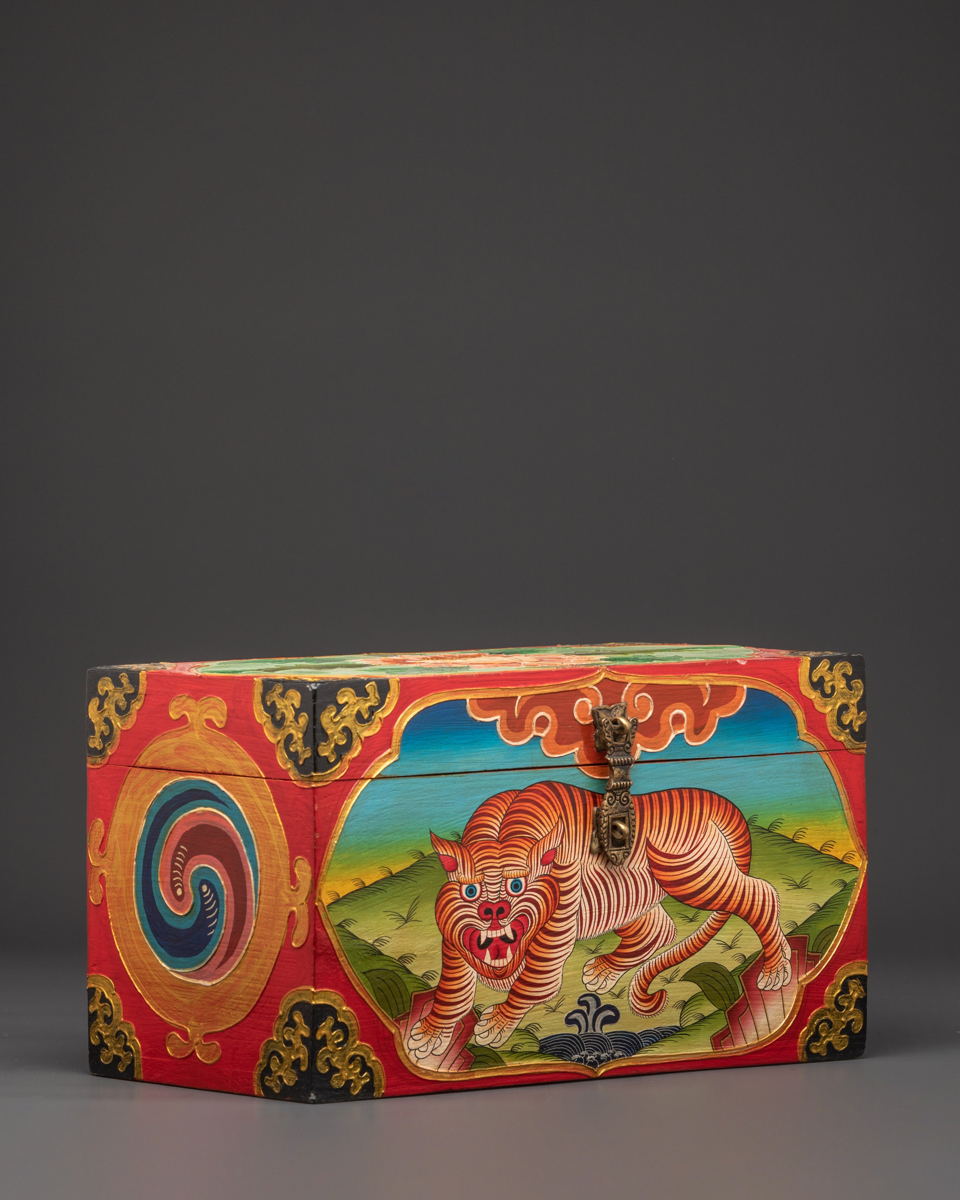 Hand Painted Tibetan Tiger Box | Fierce Jungle Design with Floral and Yin Yang Art