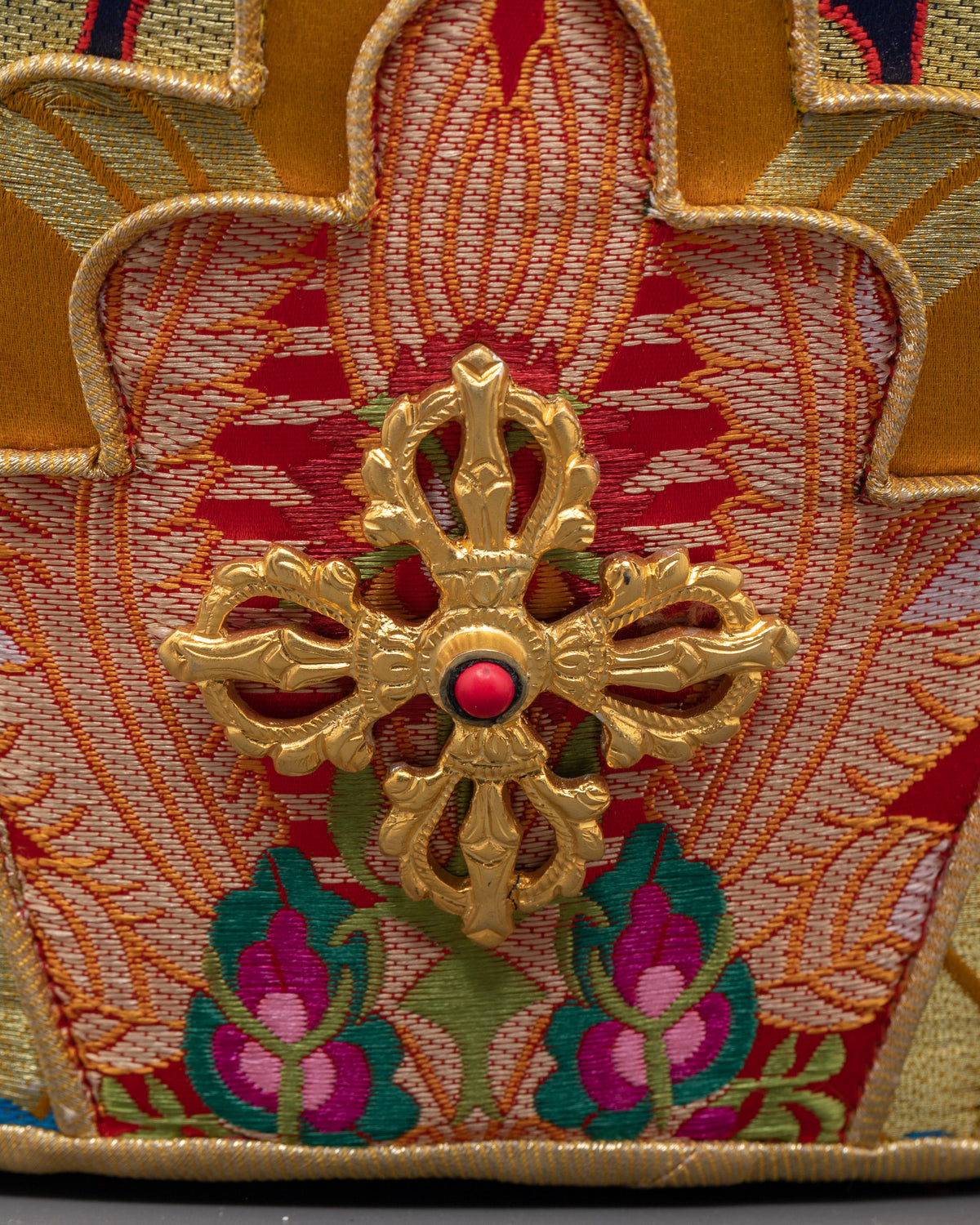 Handcrafted Guru Padmasambhava Lotus Hat | Gold Plated Headpiece with Banarasi Fabric