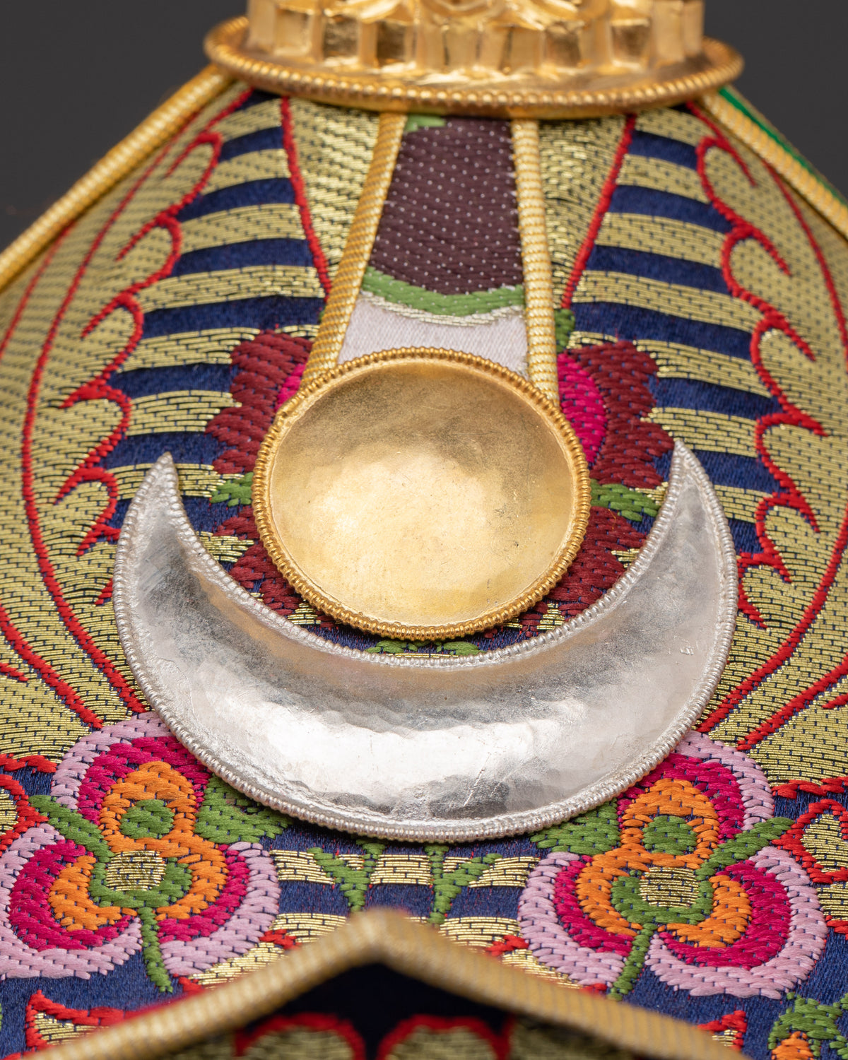 Handcrafted Guru Padmasambhava Lotus Hat | Gold Plated Headpiece with Banarasi Fabric