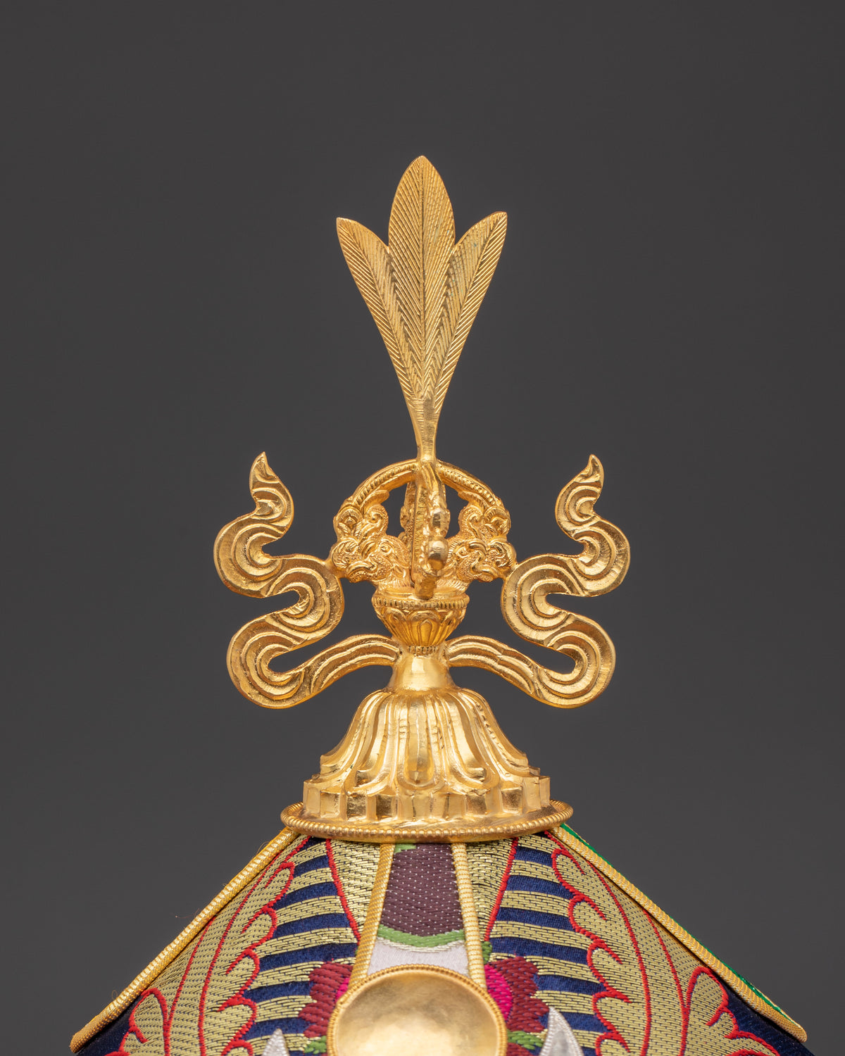 Handcrafted Guru Padmasambhava Lotus Hat | Gold Plated Headpiece with Banarasi Fabric
