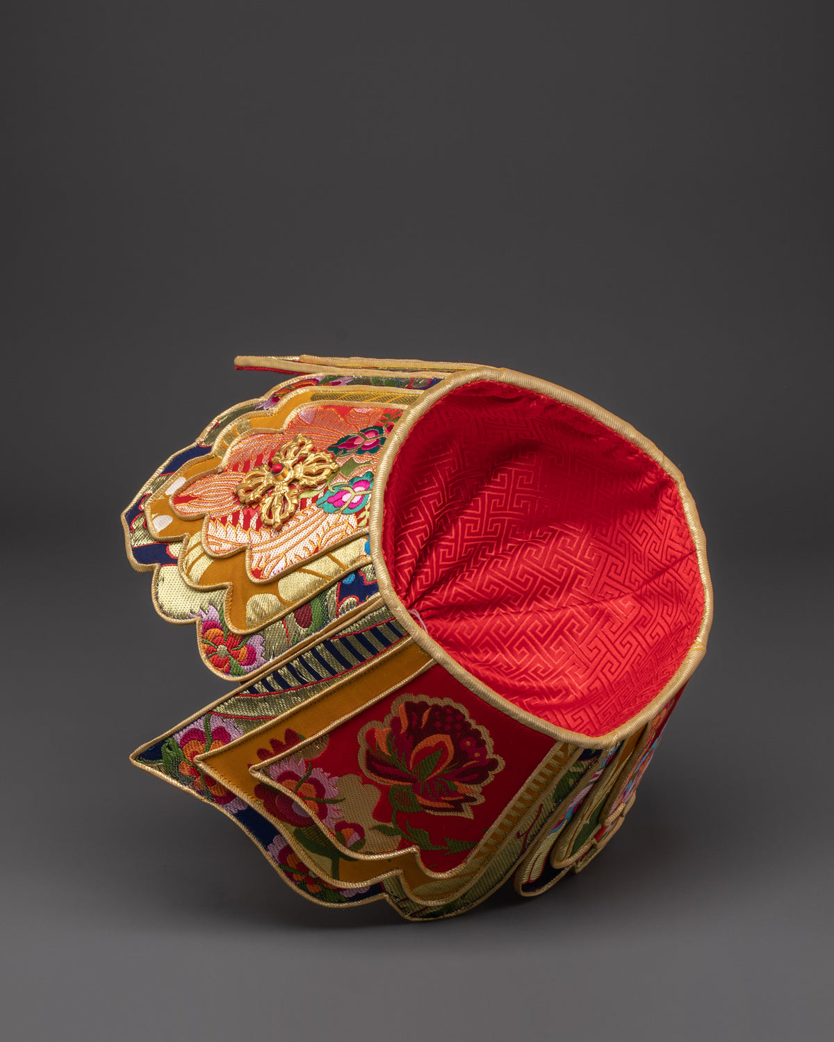 Handcrafted Guru Padmasambhava Lotus Hat | Gold Plated Headpiece with Banarasi Fabric