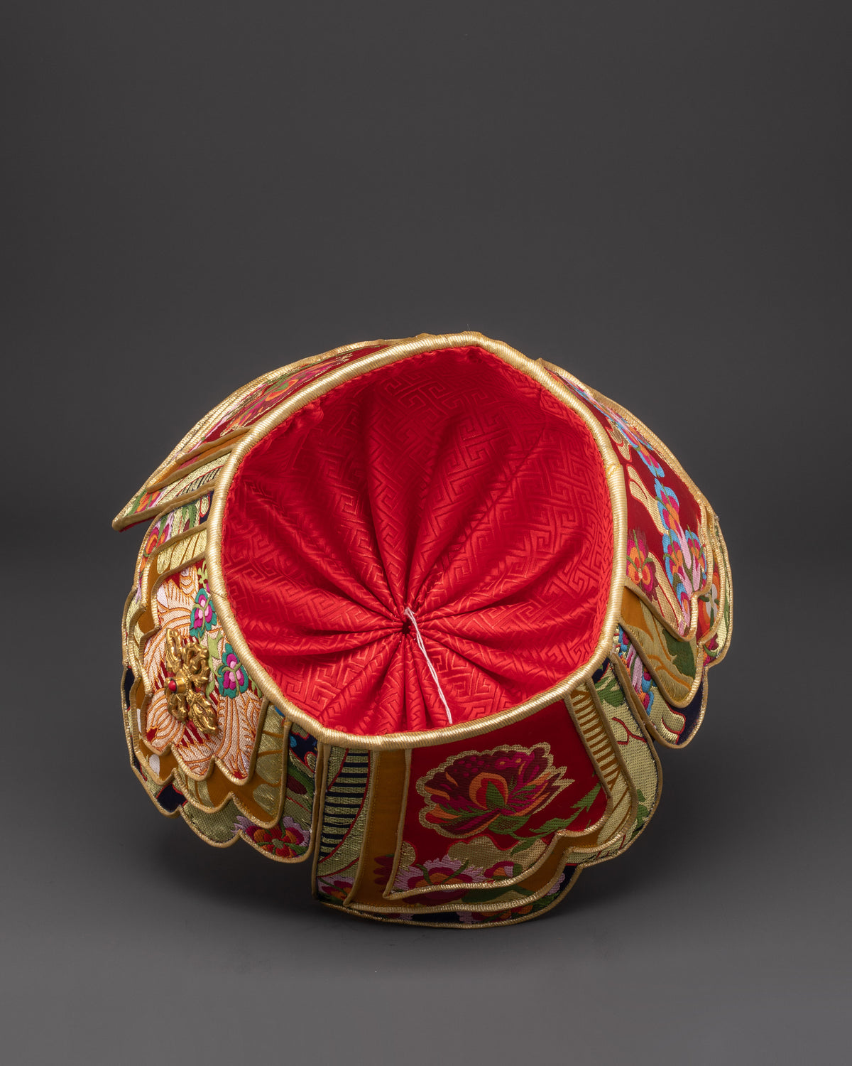 Handcrafted Guru Padmasambhava Lotus Hat | Gold Plated Headpiece with Banarasi Fabric