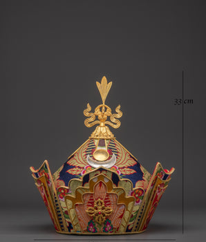 Handcrafted Tibetan Ritual Crown | Gold Plated Headpiece with Banarasi Fabric
