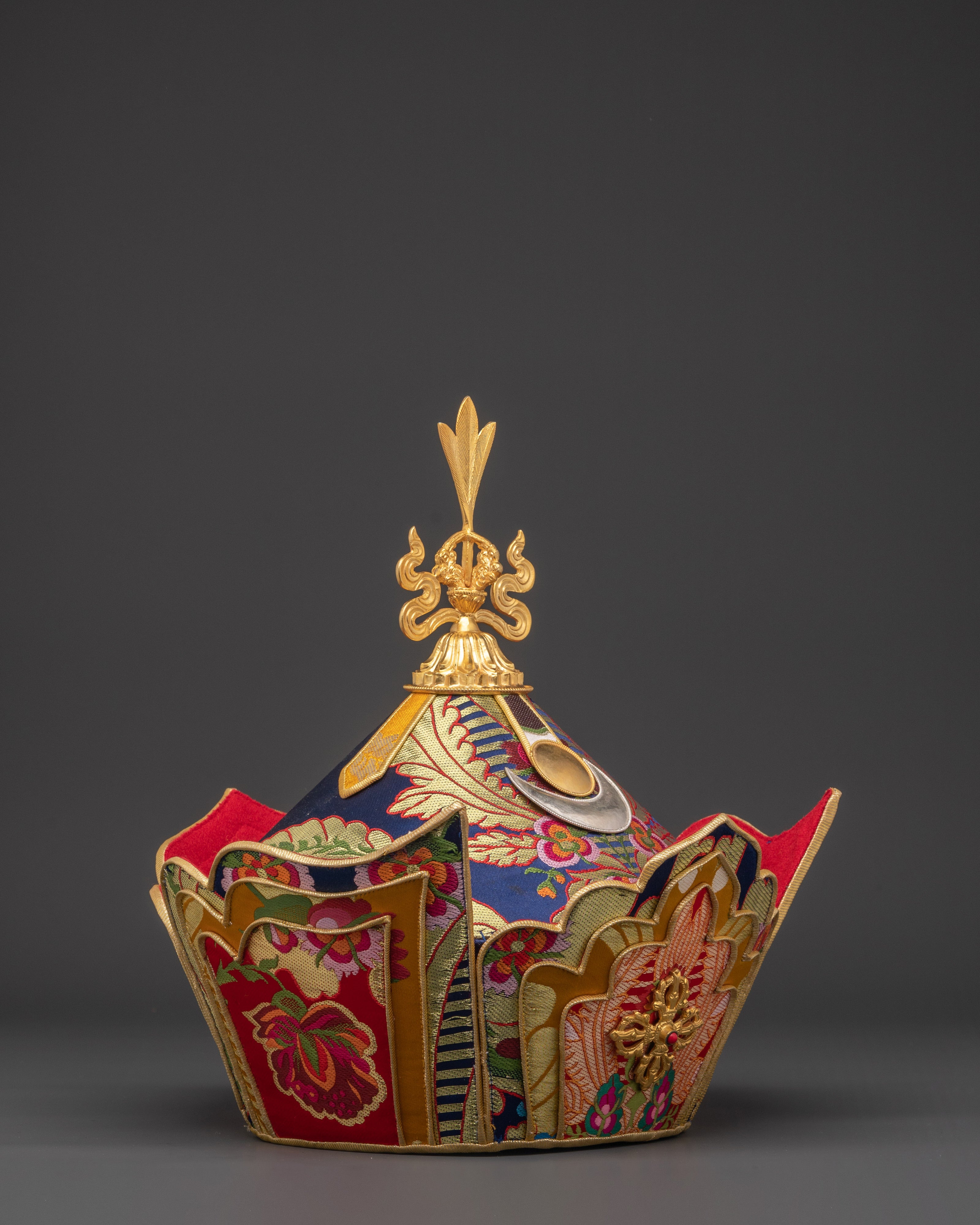 Handcrafted Guru Padmasambhava Lotus Hat | Gold Plated Headpiece with Banarasi Fabric