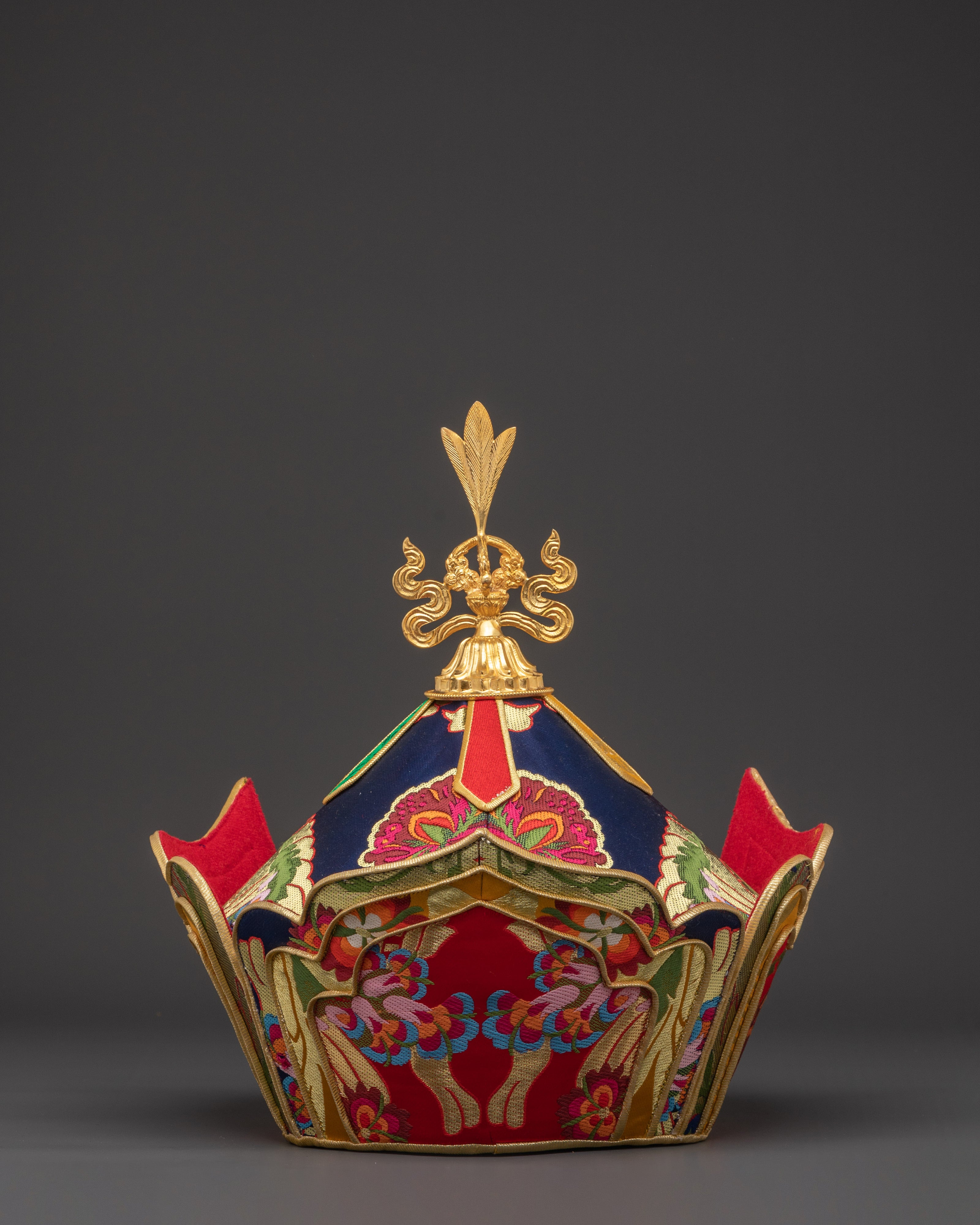 Handcrafted Guru Padmasambhava Lotus Hat | Gold Plated Headpiece with Banarasi Fabric