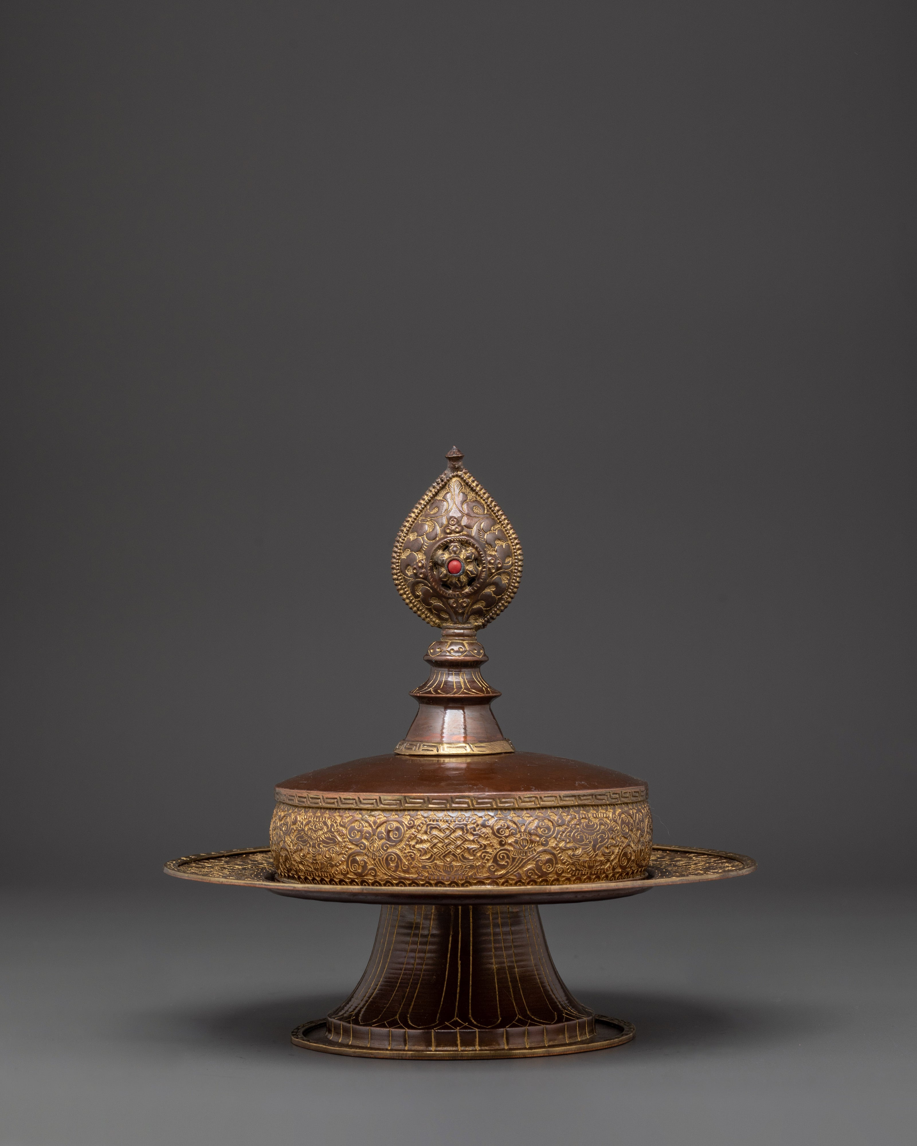 Himalayan Mandala Offering Set | Tibetan Copper Ritual Piece with Coral Inlay